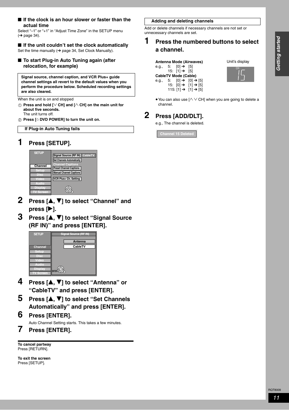 Press [setup, Press [ e , r ] to select “channel” and press [ q, Press [enter | Press the numbered buttons to select a channel, Press [add/dlt | Panasonic DMR-ES10 User Manual | Page 11 / 48