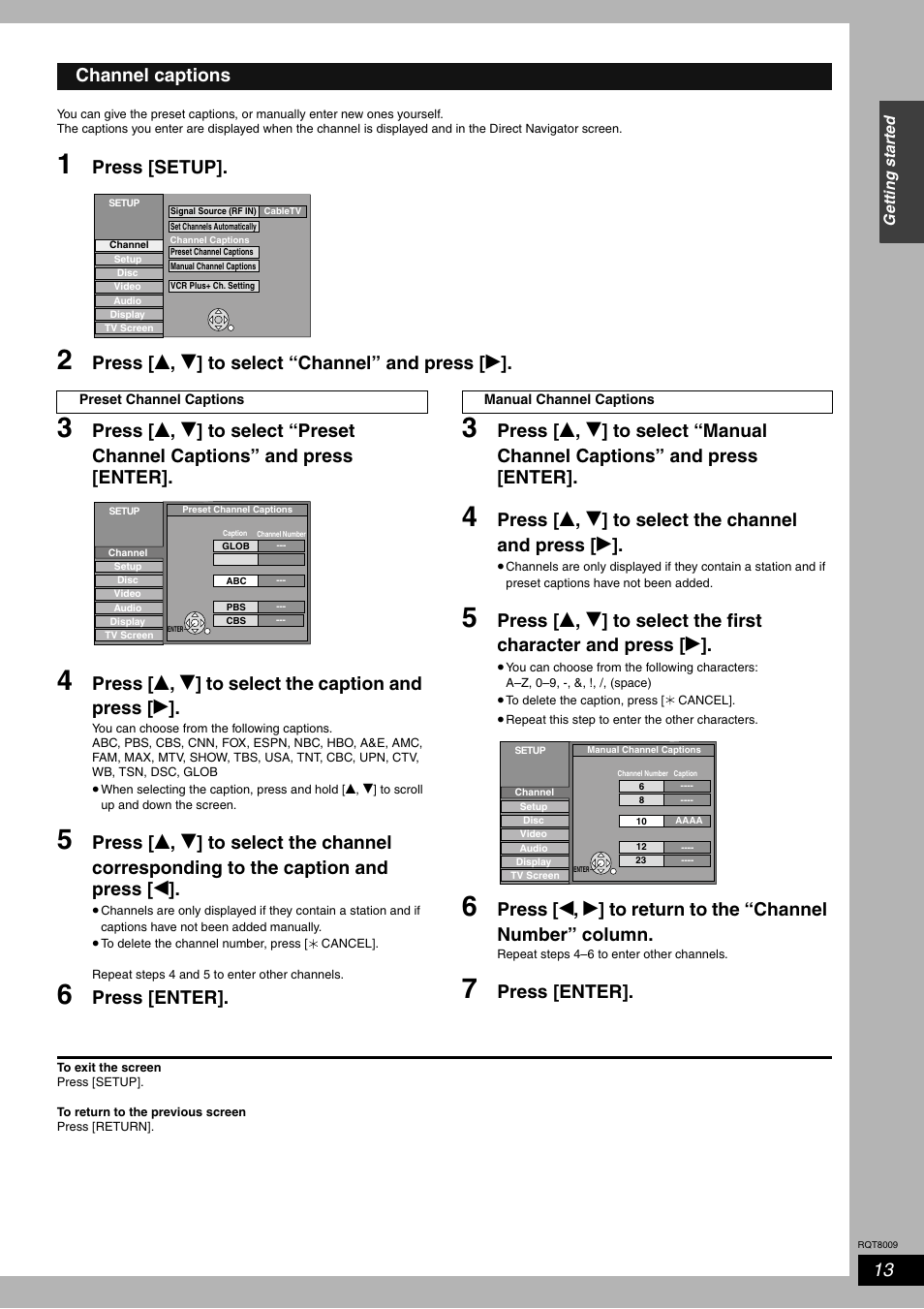 Press [setup, Press [ e , r ] to select “channel” and press [ q, Press [enter | Channel captions | Panasonic DMR-ES10 User Manual | Page 13 / 48