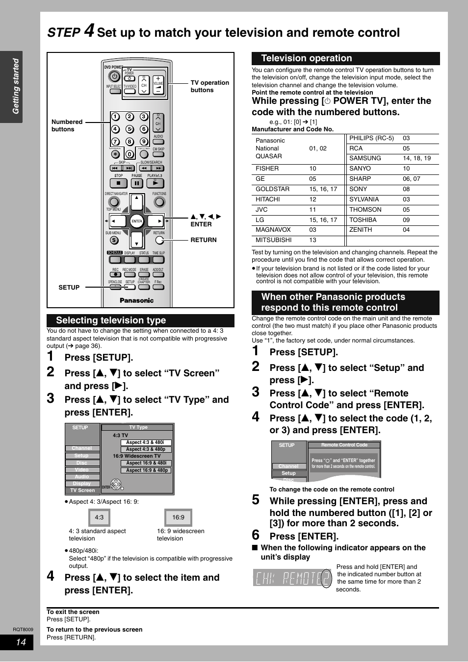 Step, Set up to match your television and remote control, Press [setup | Press [ e , r ] to select “setup” and press [ q, Press [enter, Selecting television type, Television operation | Panasonic DMR-ES10 User Manual | Page 14 / 48