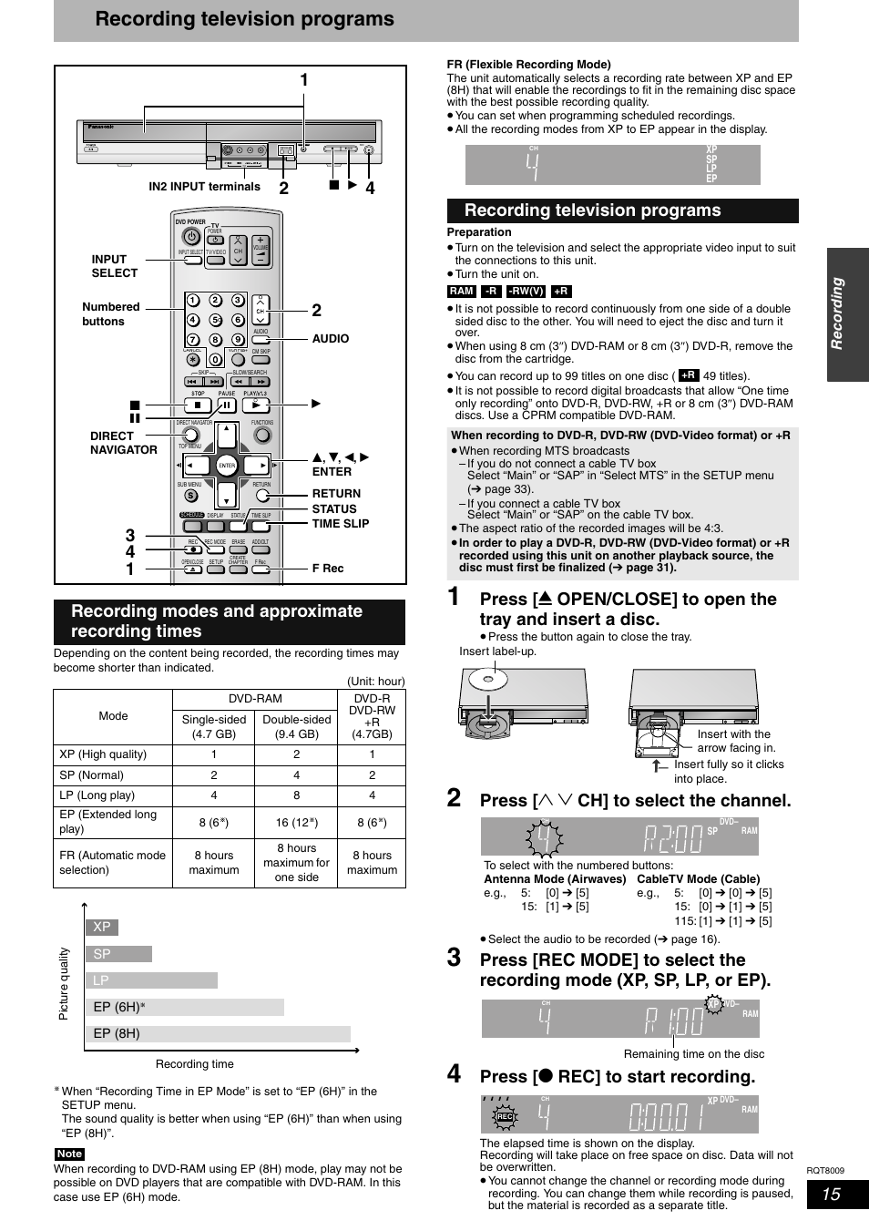 Recording, Recording television programs, Press [ 1 2 ch] to select the channel | Press [ * rec] to start recording, Recording modes and approximate recording times | Panasonic DMR-ES10 User Manual | Page 15 / 48