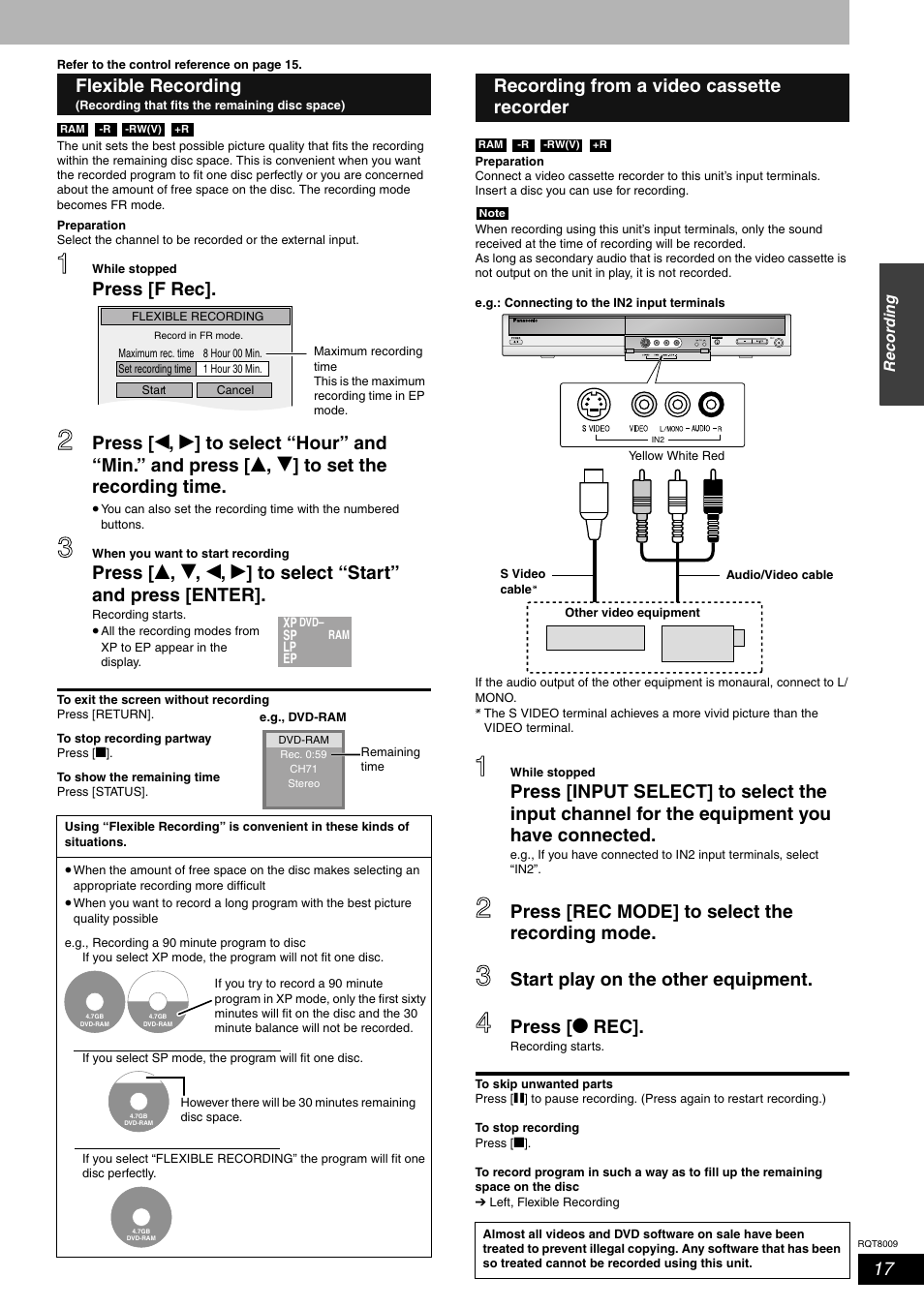 Flexible recording, Recording from a video cassette recorder | Panasonic DMR-ES10 User Manual | Page 17 / 48