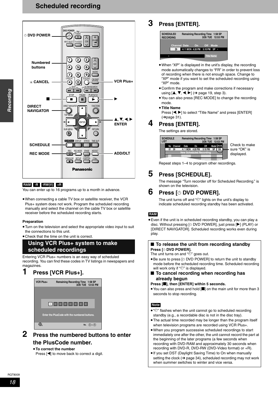 Scheduled recording, Press [vcr plus, Press [enter | Press [schedule, Press [ ^ dvd power | Panasonic DMR-ES10 User Manual | Page 18 / 48