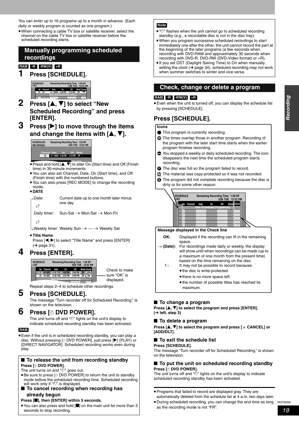 Press [schedule, Press [enter, Press [ ^ dvd power | Manually programming scheduled recordings, Check, change or delete a program | Panasonic DMR-ES10 User Manual | Page 19 / 48