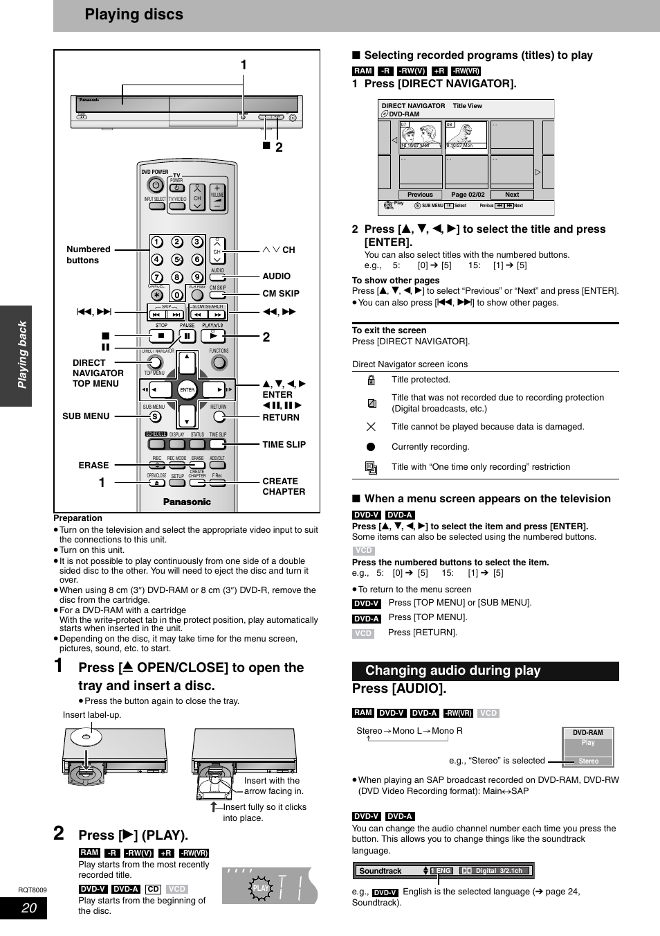Playing back, Playing discs, Press [ q ] (play) | Press [audio, Changing audio during play, Play ing bac k, When a menu screen appears on the television | Panasonic DMR-ES10 User Manual | Page 20 / 48