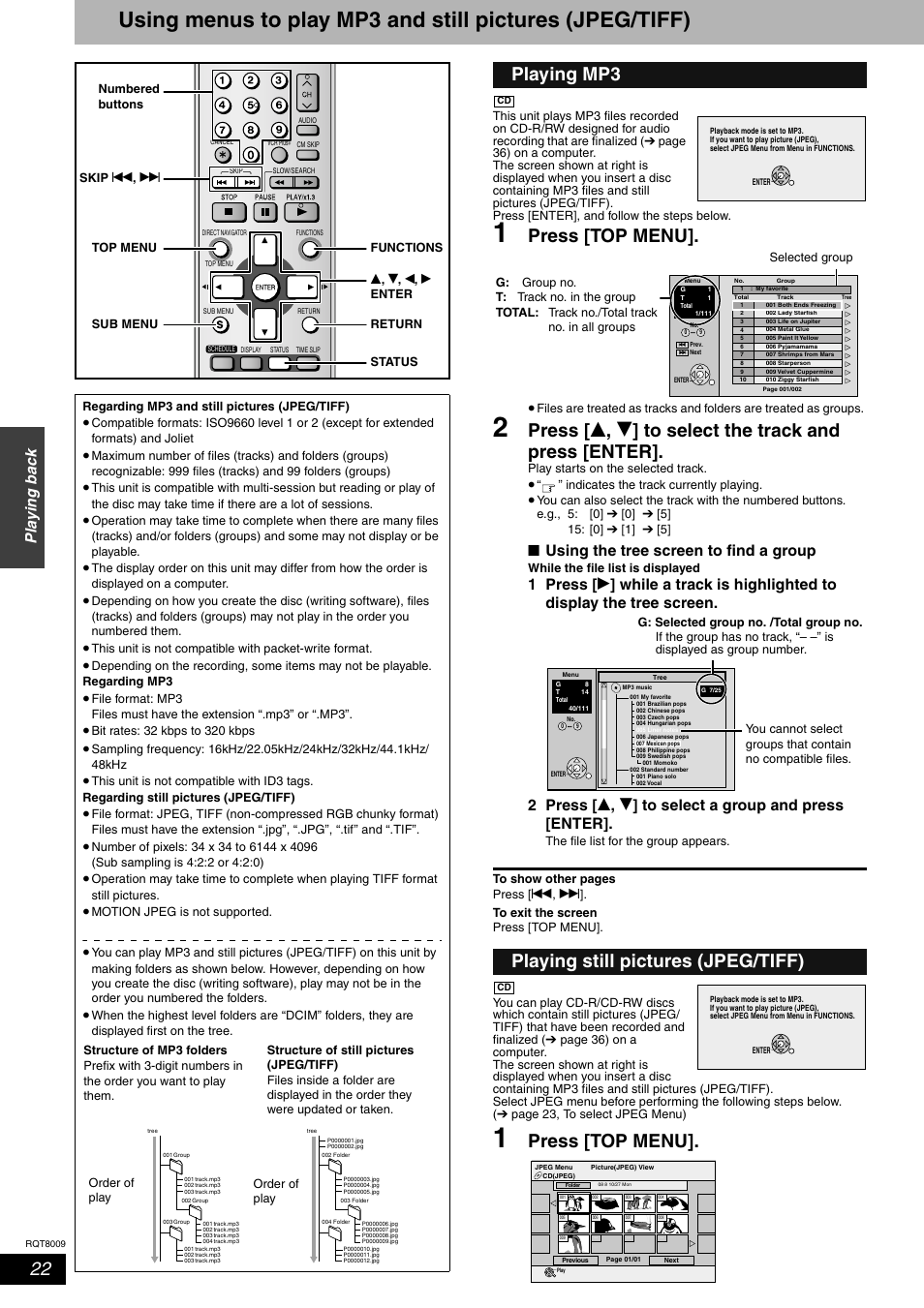 Press [top menu, Playing mp3 playing still pictures (jpeg/tiff), Play ing bac k | Using the tree screen to find a group | Panasonic DMR-ES10 User Manual | Page 22 / 48