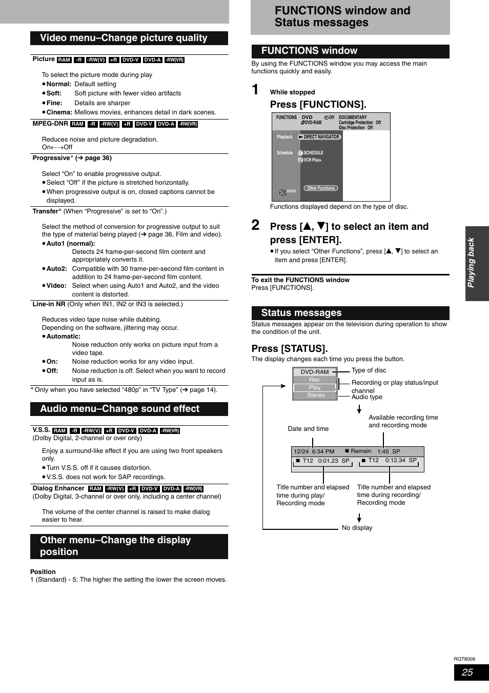 Functions window and status messages, Press [functions, Press [ e , r ] to select an item and press [enter | Press [status, Video menu–change picture quality, Audio menu–change sound effect, Other menu–change the display position, Functions window status messages | Panasonic DMR-ES10 User Manual | Page 25 / 48