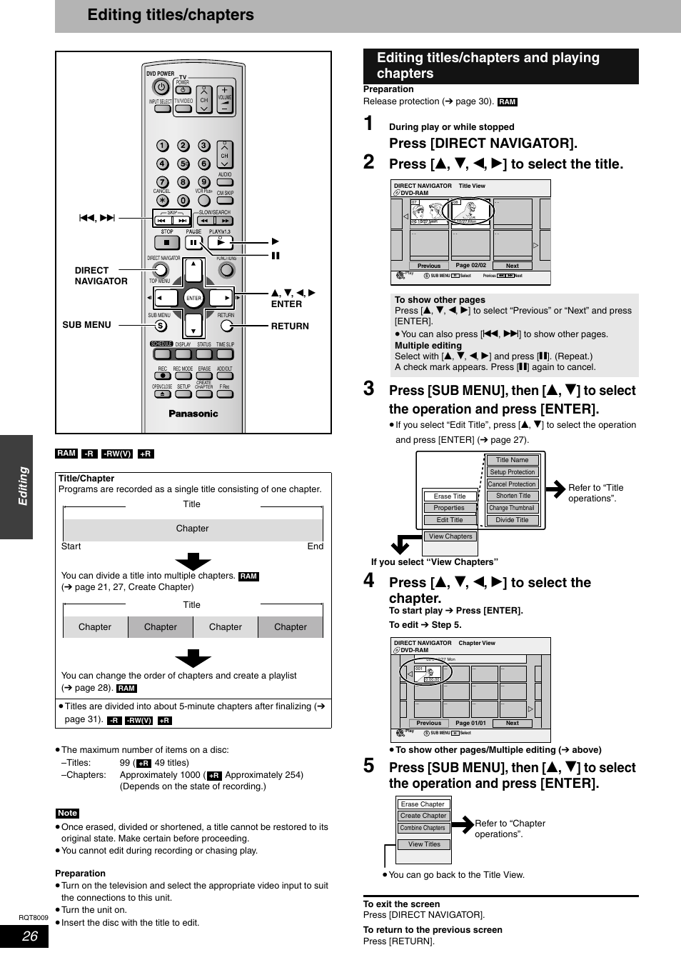 Editing, Editing titles/chapters, Press [direct navigator | Press [ e , r , w , q ] to select the title, Press [ e , r , w , q ] to select the chapter, Editing titles/chapters and playing chapters | Panasonic DMR-ES10 User Manual | Page 26 / 48