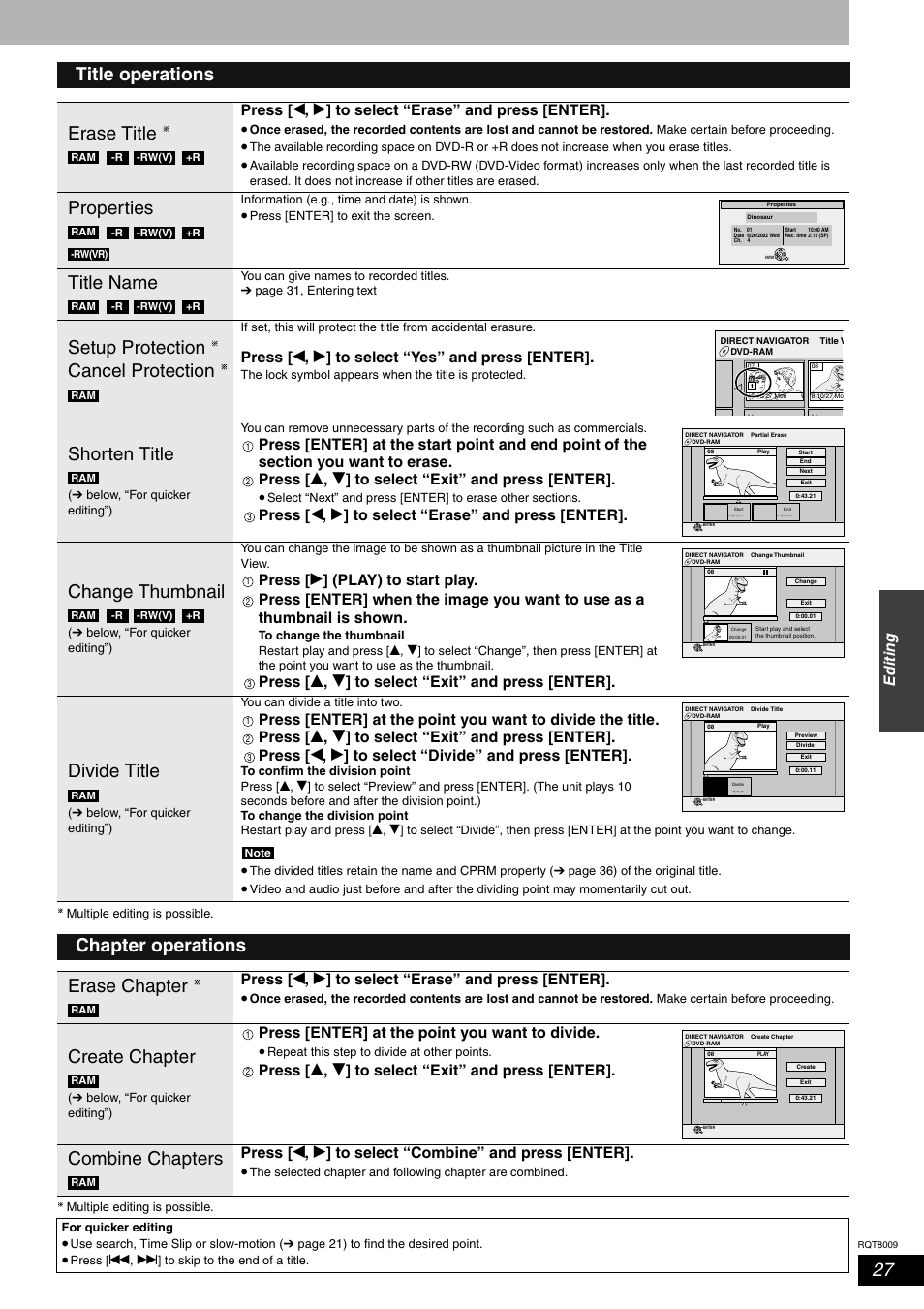 Title operations erase title, Properties, Title name | Setup protection cancel protection, Shorten title, Change thumbnail, Divide title, Chapter operations erase chapter, Create chapter, Combine chapters | Panasonic DMR-ES10 User Manual | Page 27 / 48