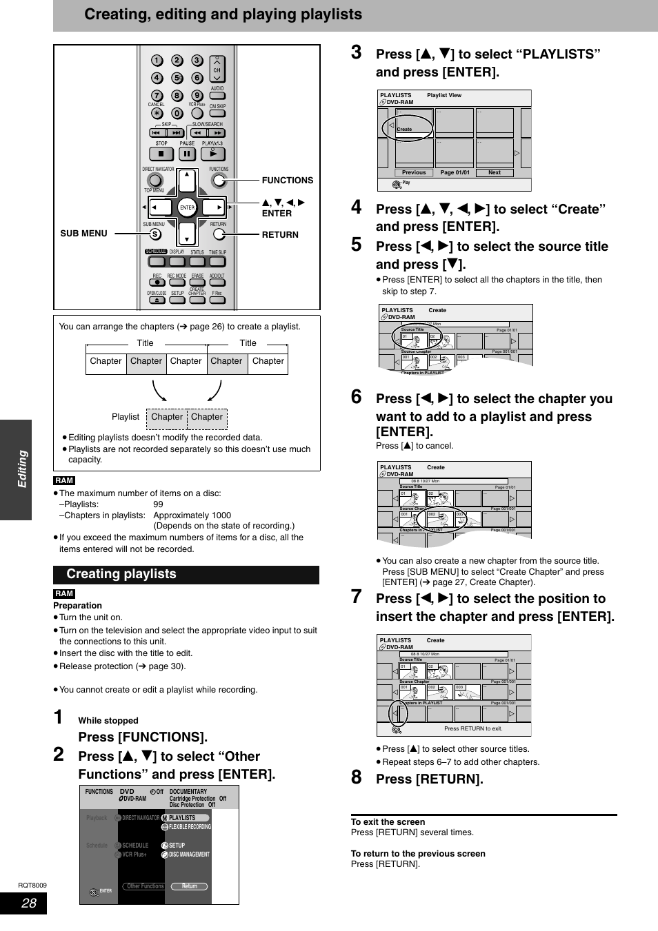 Creating, editing and playing playlists, Press [functions, Press [return | Creating playlists, Editing | Panasonic DMR-ES10 User Manual | Page 28 / 48