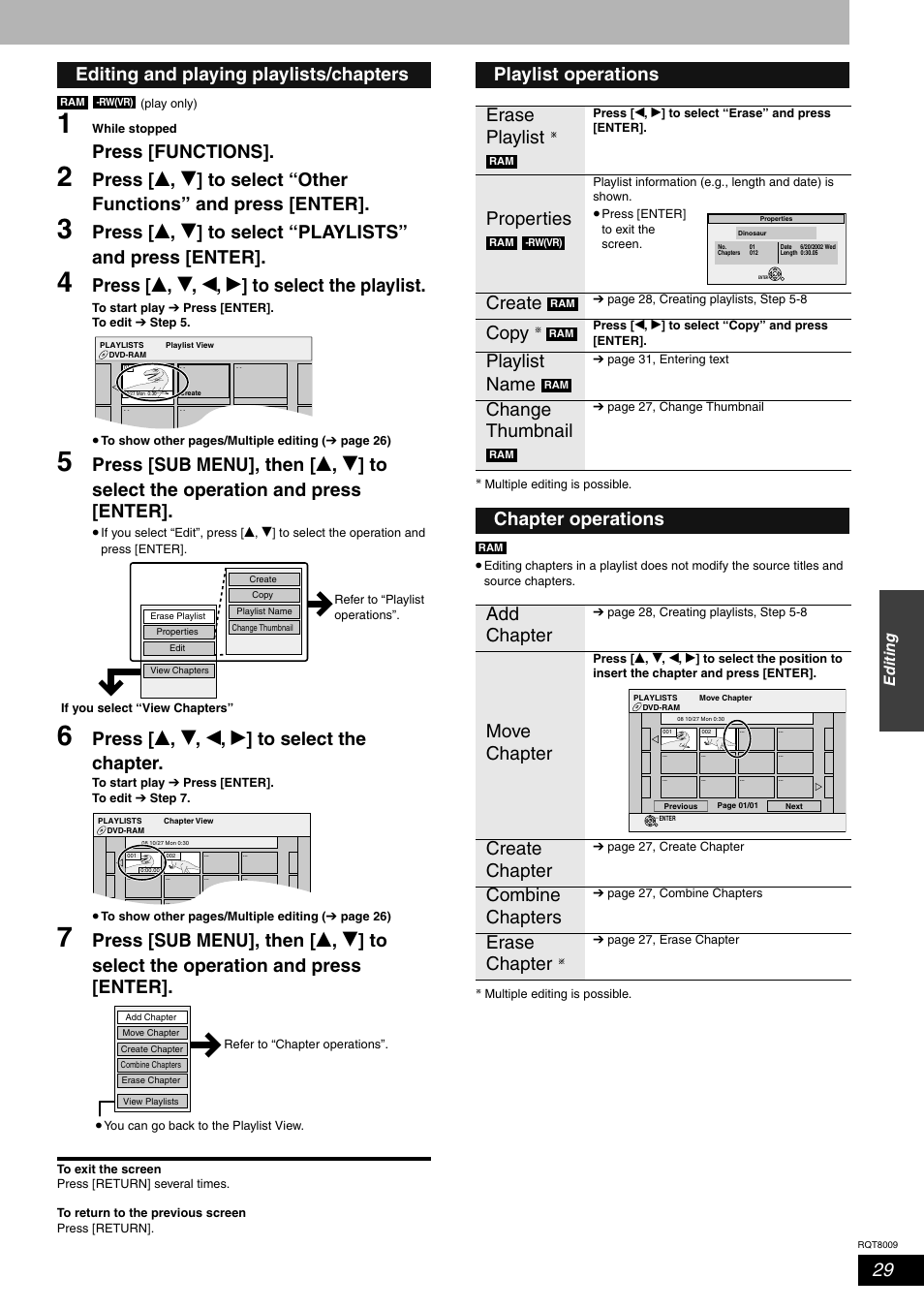 Press [functions, Press [ e , r , w , q ] to select the playlist, Press [ e , r , w , q ] to select the chapter | Editing and playing playlists/chapters, Playlist operations erase playlist, Properties, Create, Copy, Playlist name, Change thumbnail | Panasonic DMR-ES10 User Manual | Page 29 / 48