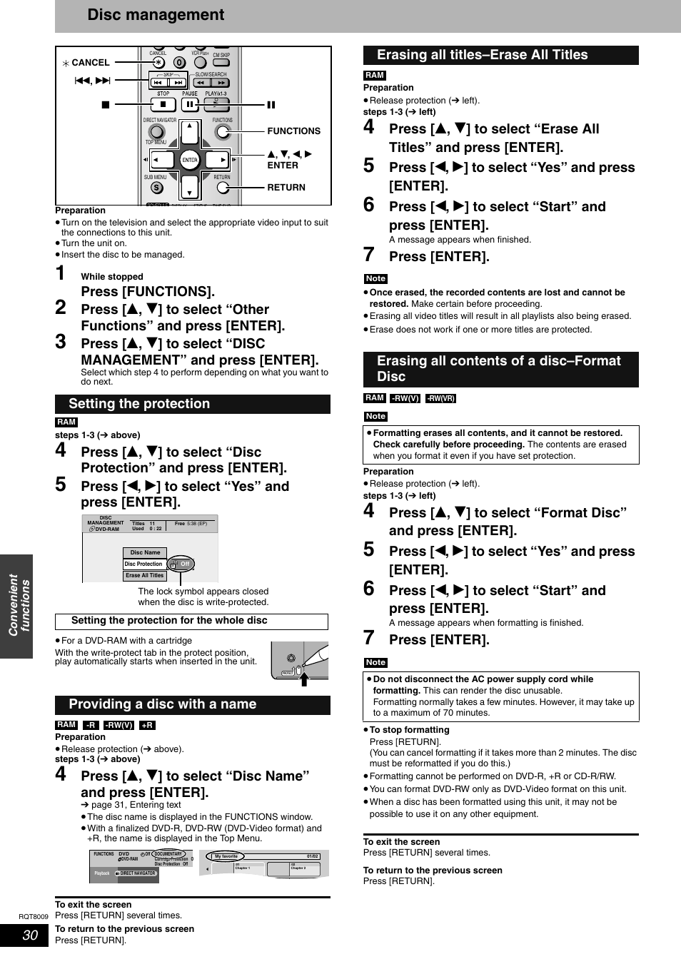 Convenient functions, Disc manangement, Disc management | Press [functions, Press [ w , q ] to select “yes” and press [enter, Press [ w , q ] to select “start” and press [enter, Press [enter, Setting the protection, Providing a disc with a name | Panasonic DMR-ES10 User Manual | Page 30 / 48