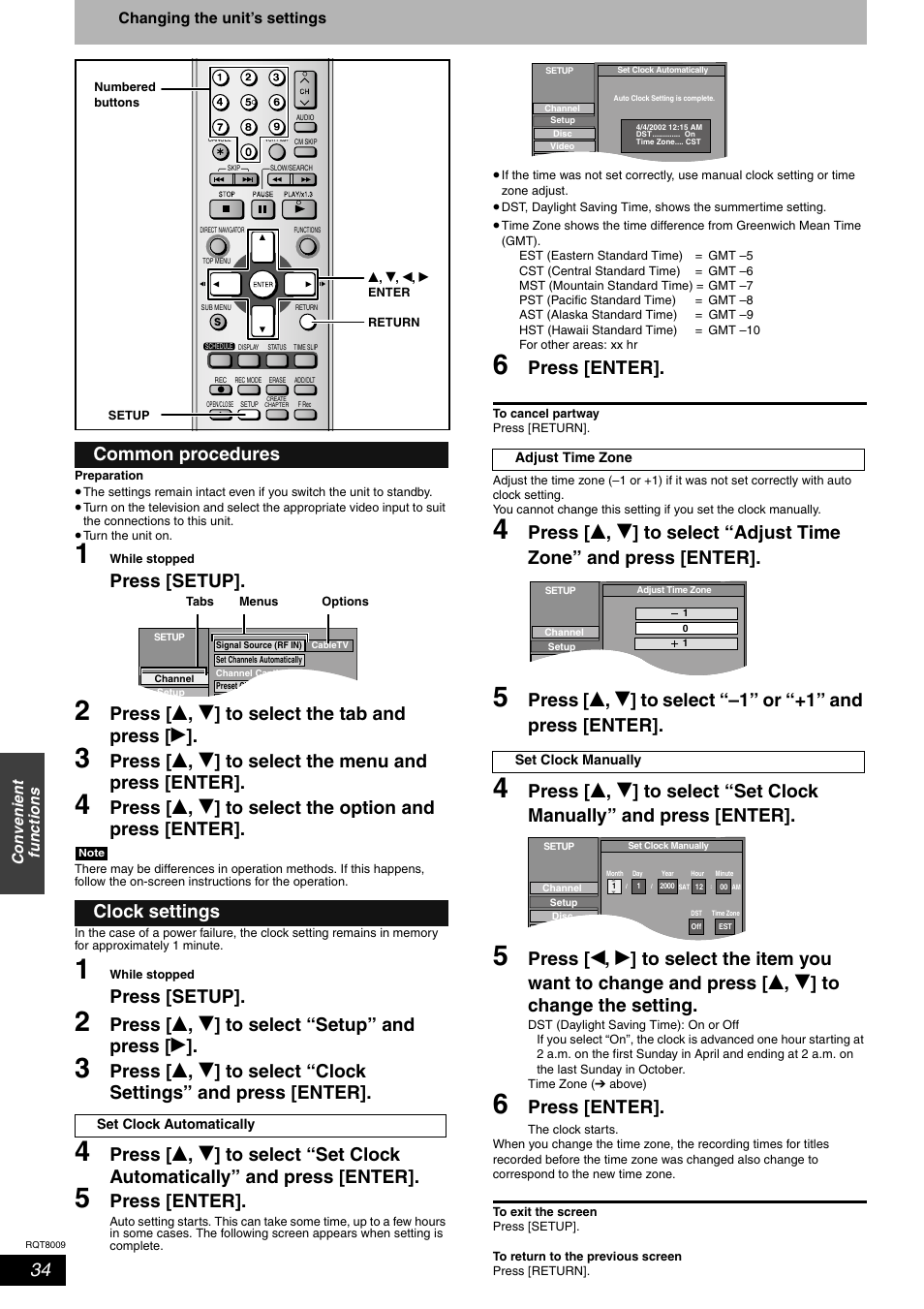 Press [setup, Press [ e , r ] to select the tab and press [ q, Press [ e , r ] to select “setup” and press [ q | Press [enter, Common procedures clock settings | Panasonic DMR-ES10 User Manual | Page 34 / 48