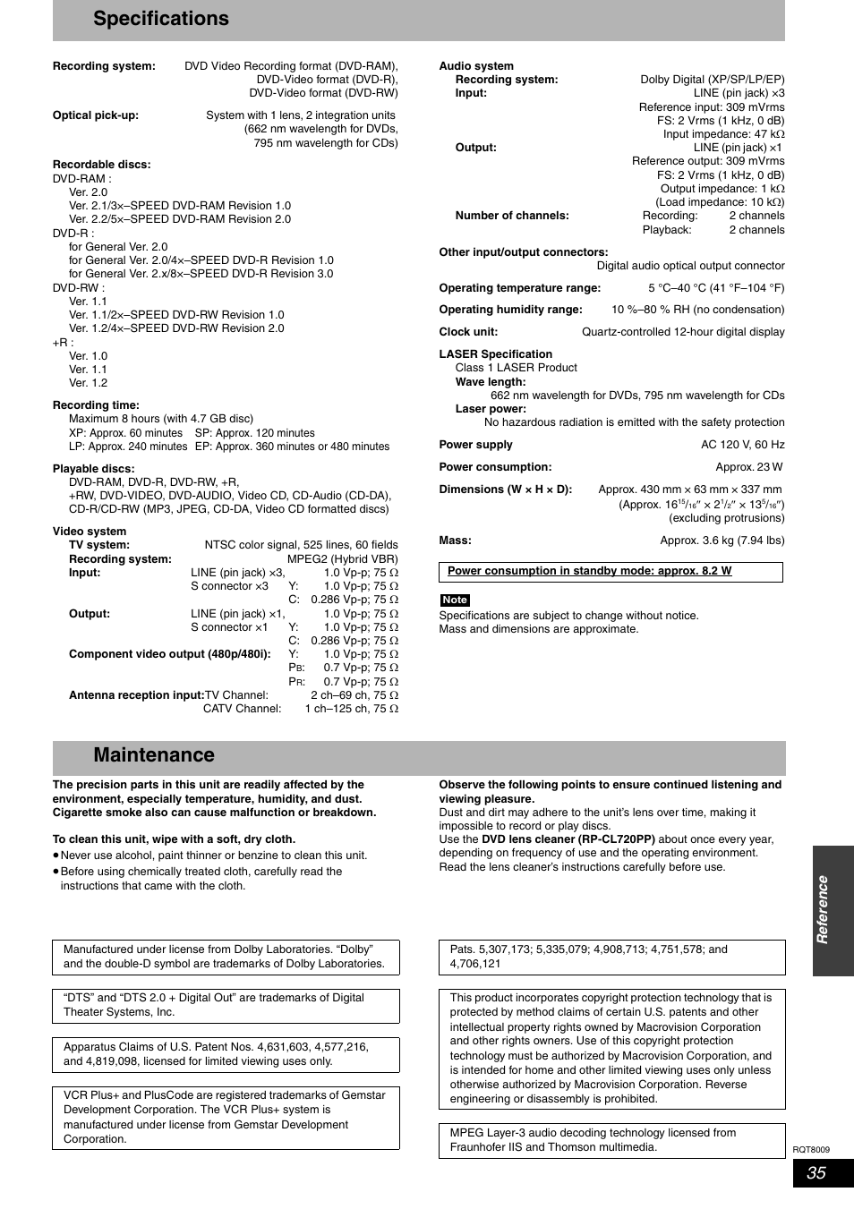 Reference, Specifications, Maintenance | Panasonic DMR-ES10 User Manual | Page 35 / 48