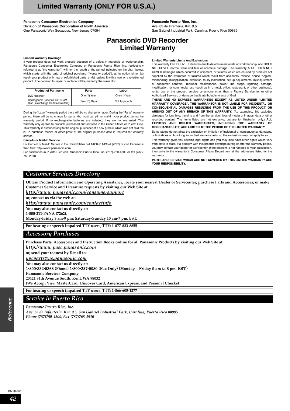 Limited warranty (only for usa), Limited warranty (only for u.s.a.), Panasonic dvd recorder limited warranty | Customer services directory, Accessory purchases, Service in puerto rico | Panasonic DMR-ES10 User Manual | Page 42 / 48