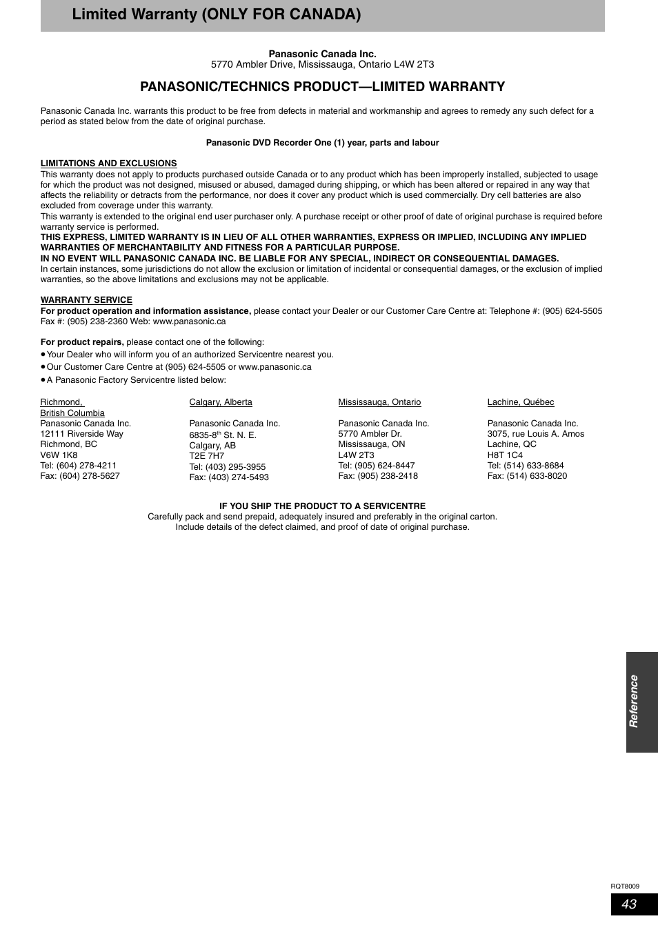 Limited warranty (only for canada), Panasonic/technics product—limited warranty | Panasonic DMR-ES10 User Manual | Page 43 / 48