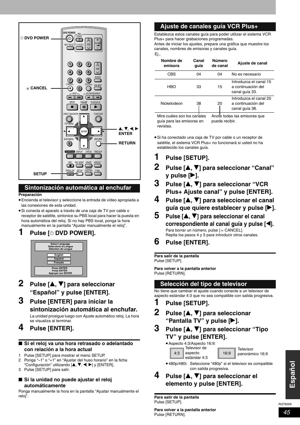 Es pa ñol, Pulse [ ^ dvd power, Pulse [enter | Pulse [setup, Sintonización automática al enchufar | Panasonic DMR-ES10 User Manual | Page 45 / 48