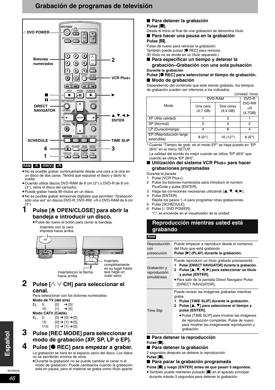 Es pa ñol grabación de programas de televisión, Pulse [ 1 2 ch] para seleccionar el canal, Pulse [ * rec] para empezar a grabar | Reproducción mientras usted está grabando | Panasonic DMR-ES10 User Manual | Page 46 / 48