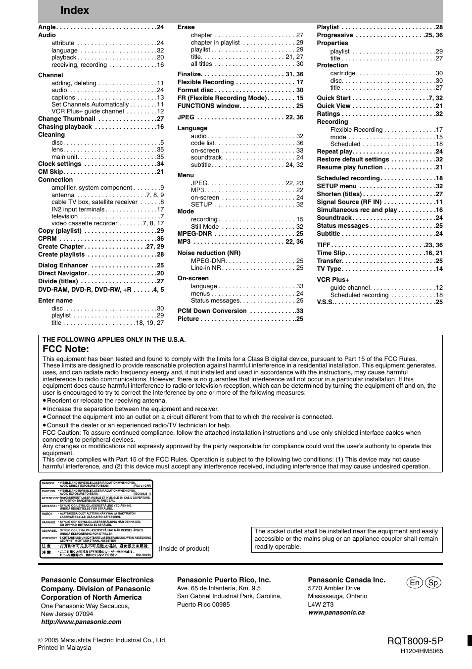 Index, En sp | Panasonic DMR-ES10 User Manual | Page 48 / 48