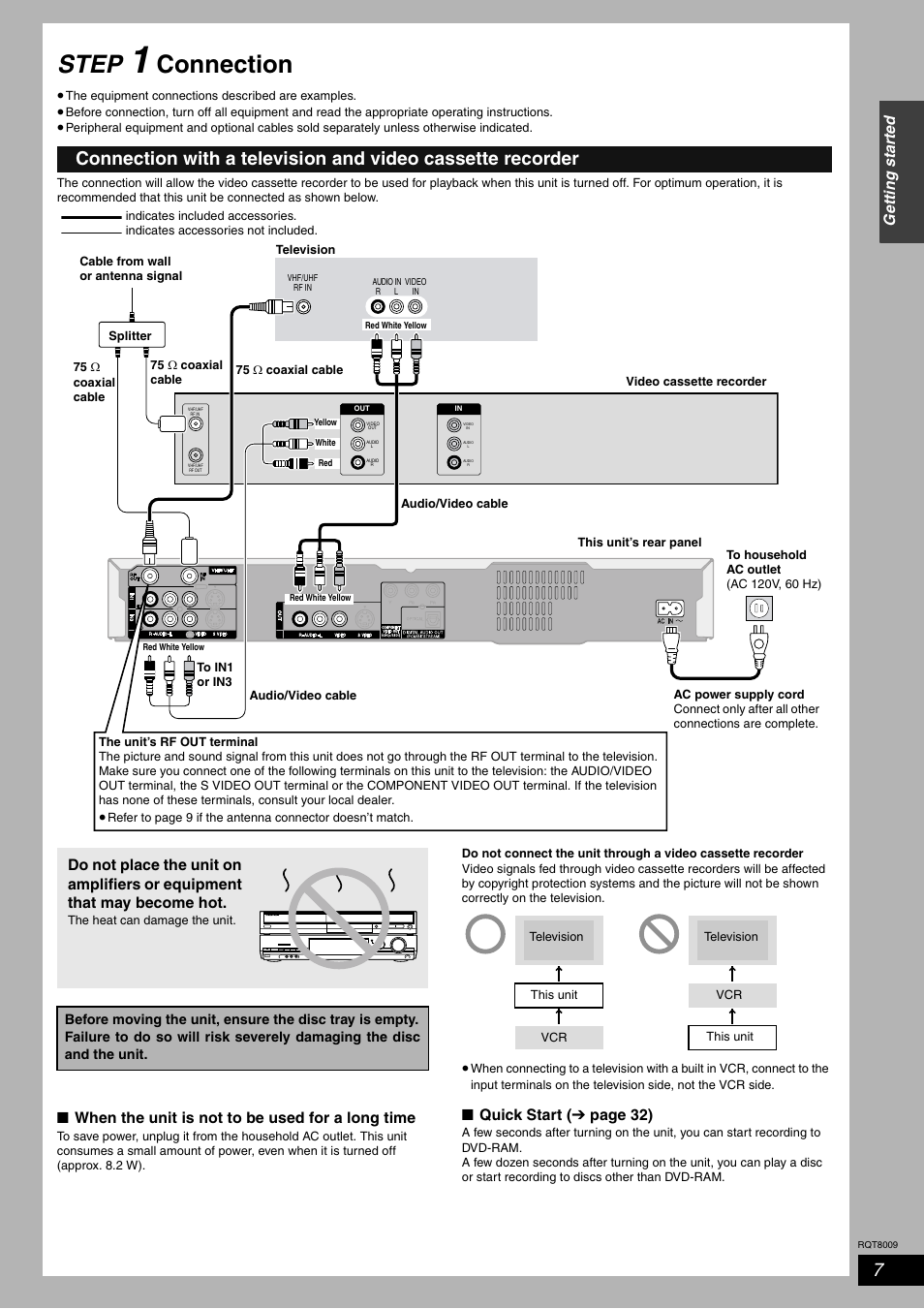 Step 1 connection, Step, Connection | Ge tt ing st ar ted, When the unit is not to be used for a long time, Quick start ( ➔ page 32) | Panasonic DMR-ES10 User Manual | Page 7 / 48