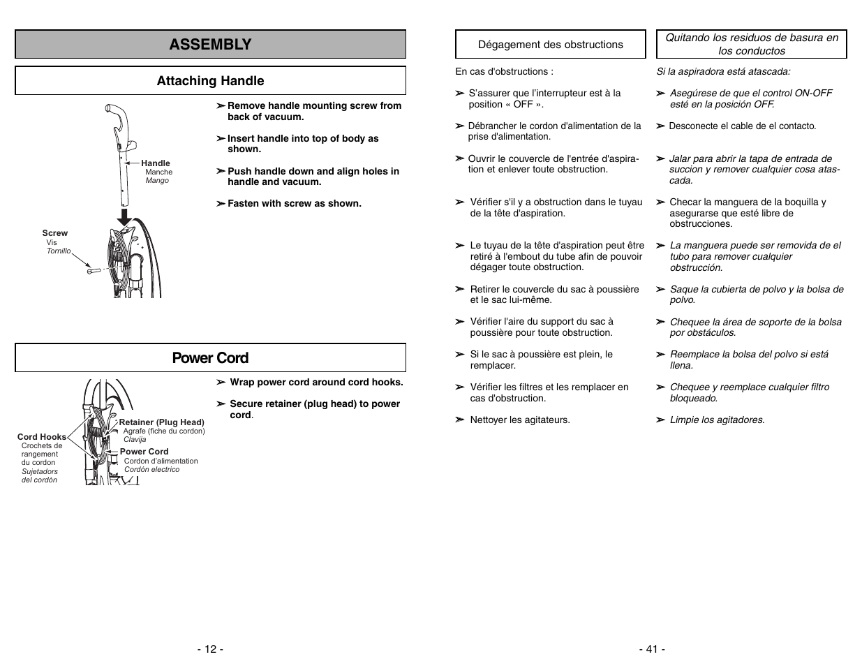 Assembly, Attaching handle, Power cord | Panasonic MC-V7522 User Manual | Page 12 / 52