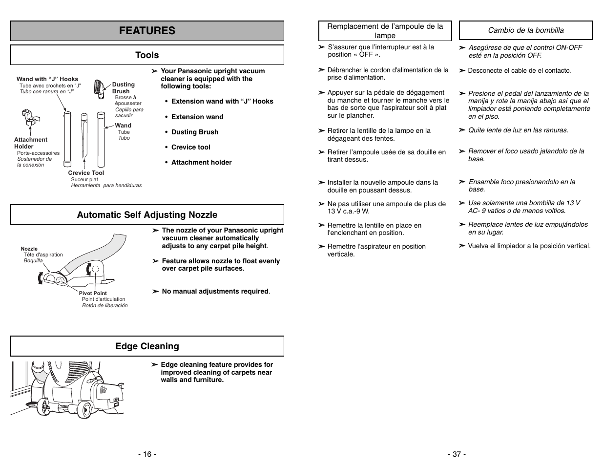 Features, Tools, Automatic self adjusting nozzle | Edge cleaning, Edge cleaning tools | Panasonic MC-V7522 User Manual | Page 16 / 52