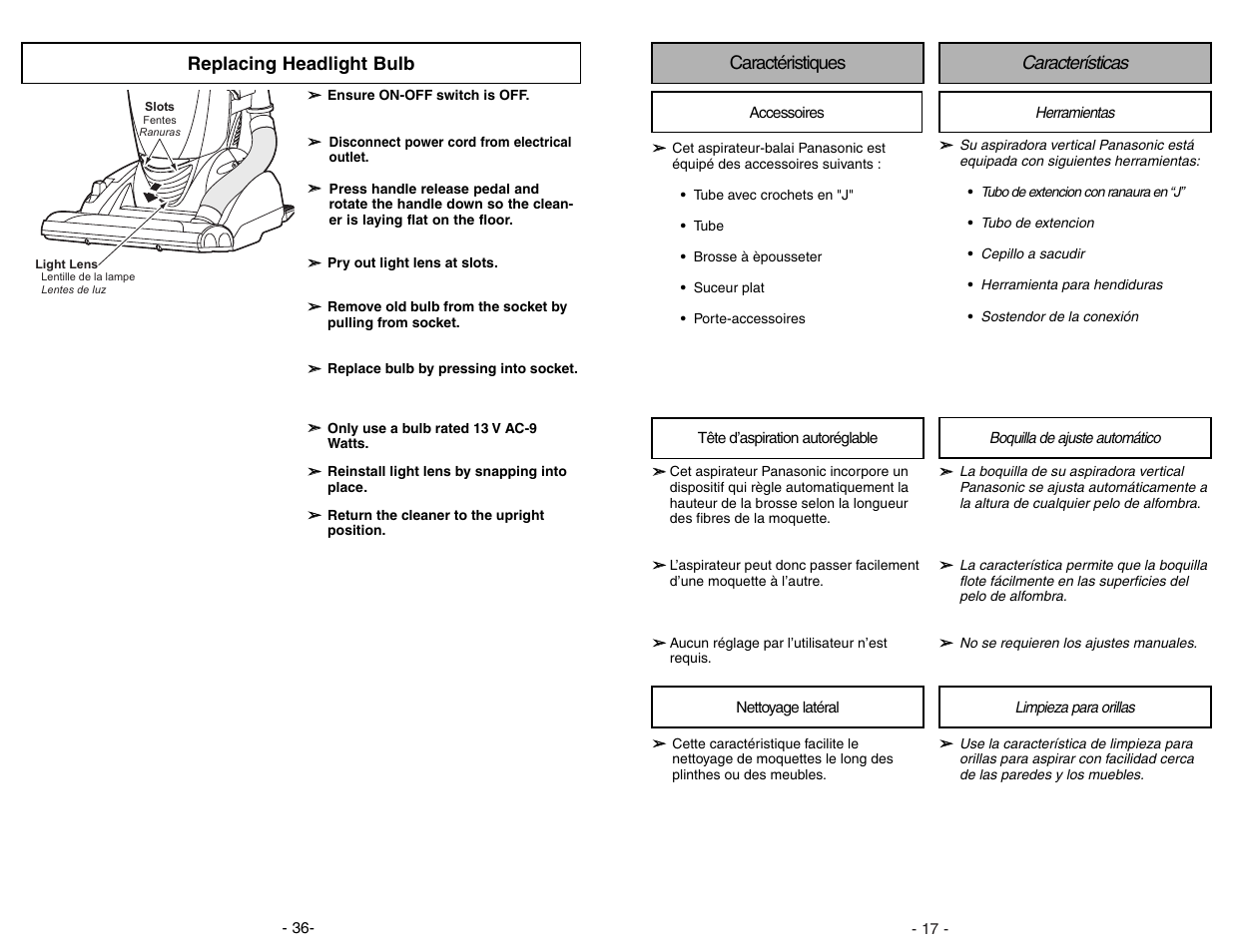 Caracteristiques, Accessoires, Tete d'aspiration autoreglable | Nettoyage lateral, Caracteristicas, Herramientas, Boquilla de ajuste automatico, Limpieza para orillas, Caractéristiques, Características | Panasonic MC-V7522 User Manual | Page 17 / 52
