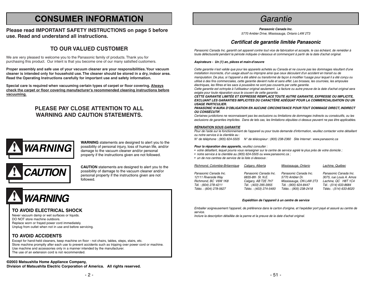 Consumer information, Warning, Caution | Garantie | Panasonic MC-V7522 User Manual | Page 2 / 52