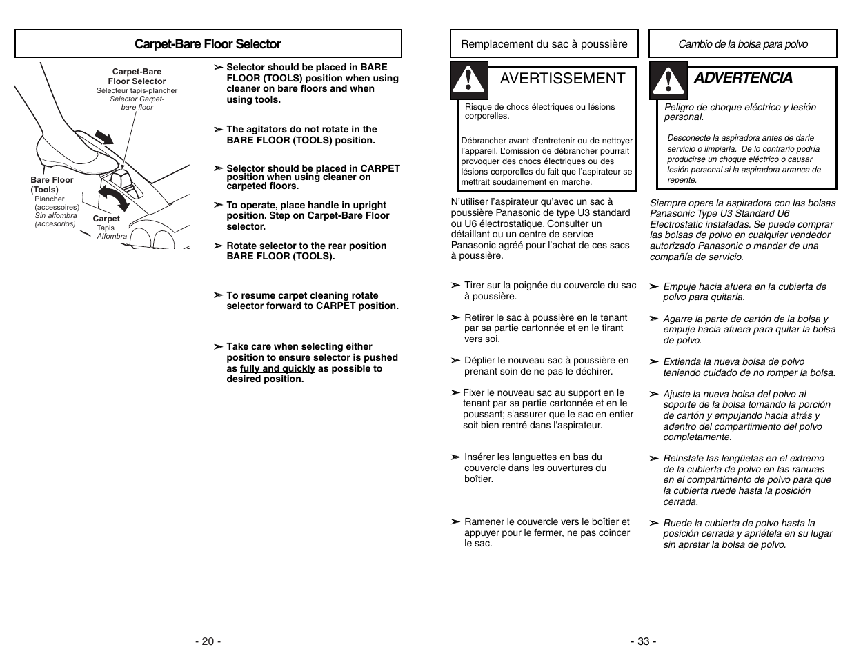 Carpet-bare floor selector, Advertencia, Avertissement | Panasonic MC-V7522 User Manual | Page 20 / 52