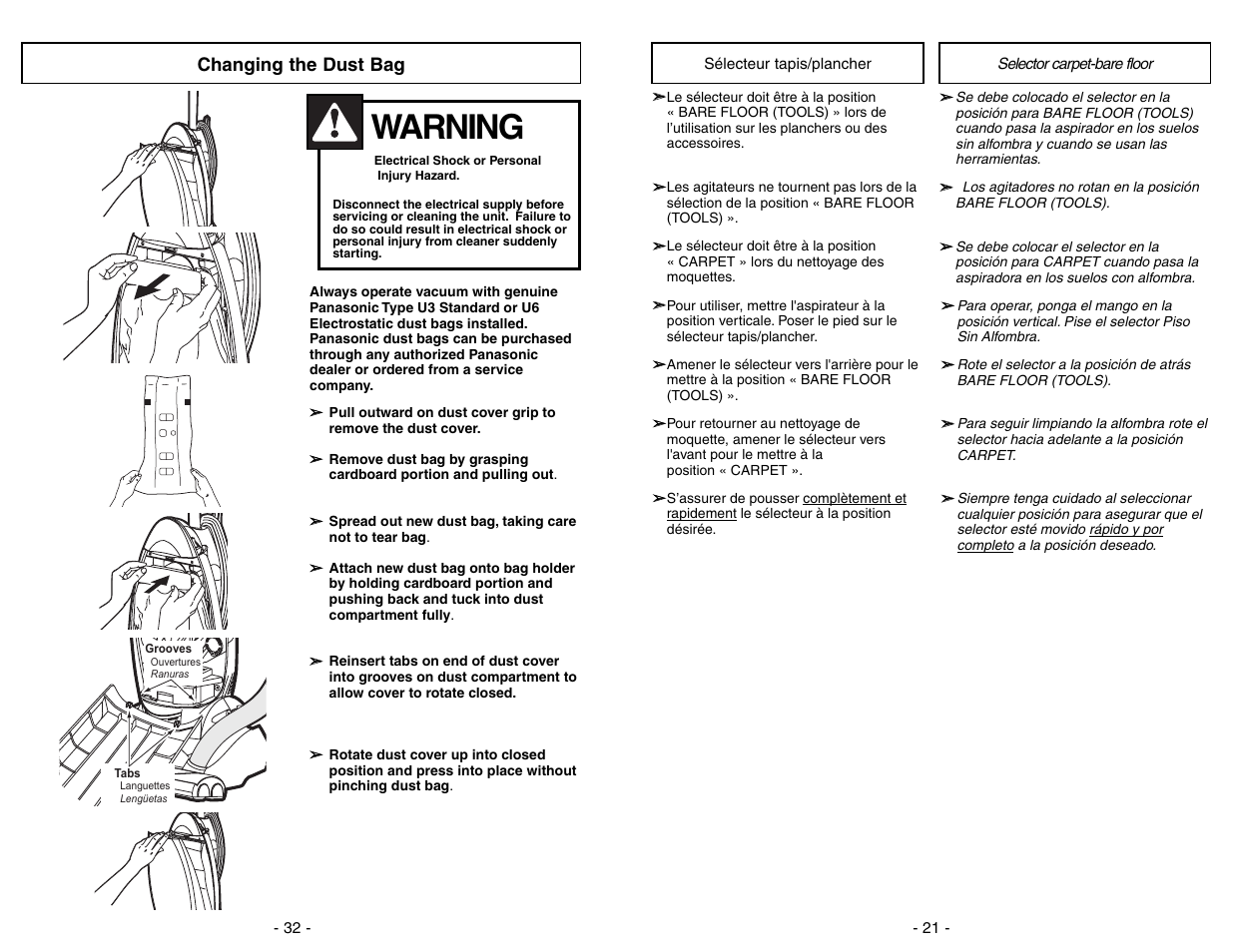 Selecteur tapis/plancher, Selector carpet-bare floor, Warning | Changing the dust bag | Panasonic MC-V7522 User Manual | Page 21 / 52