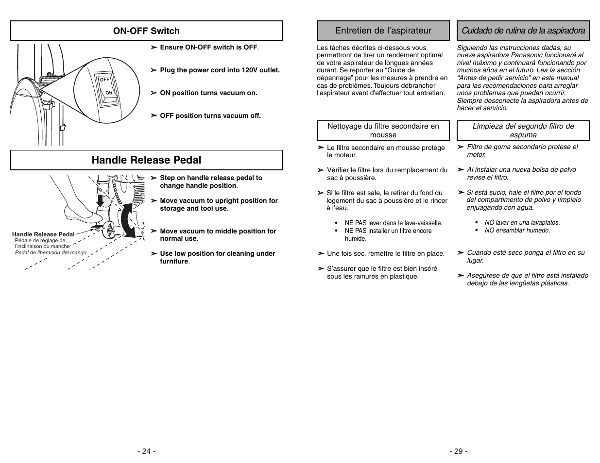 On-off switch, Handle release pedal, Entretien de l’aspirateur | Cuidado de rutina de la aspiradora | Panasonic MC-V7522 User Manual | Page 24 / 52