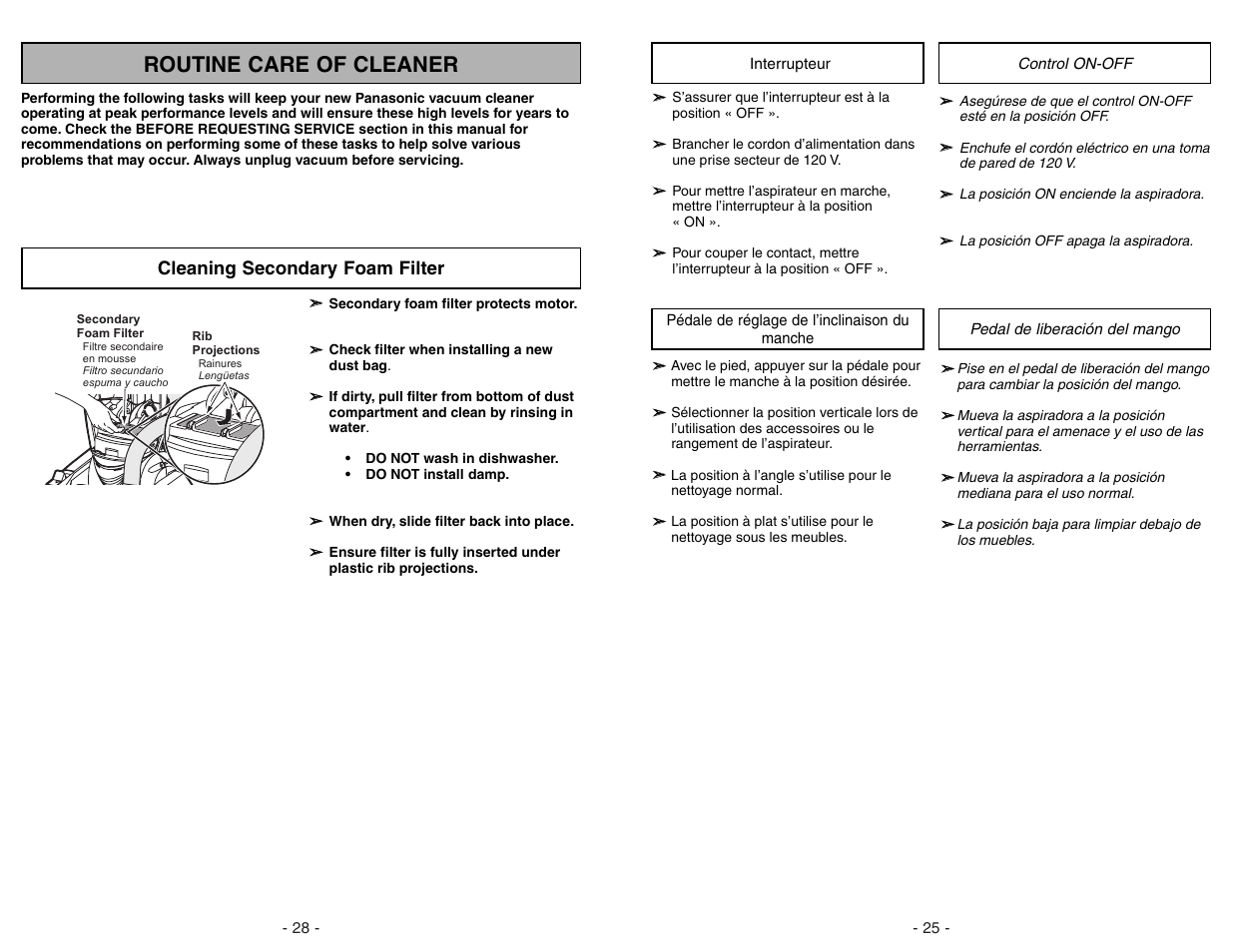 Interrupteur, Pedale de reglage de l'inclinaison du manche, Control on-off | Pedal de liberacion del mango, Routine care of cleaner, Cleaning secondary foam filter | Panasonic MC-V7522 User Manual | Page 25 / 52