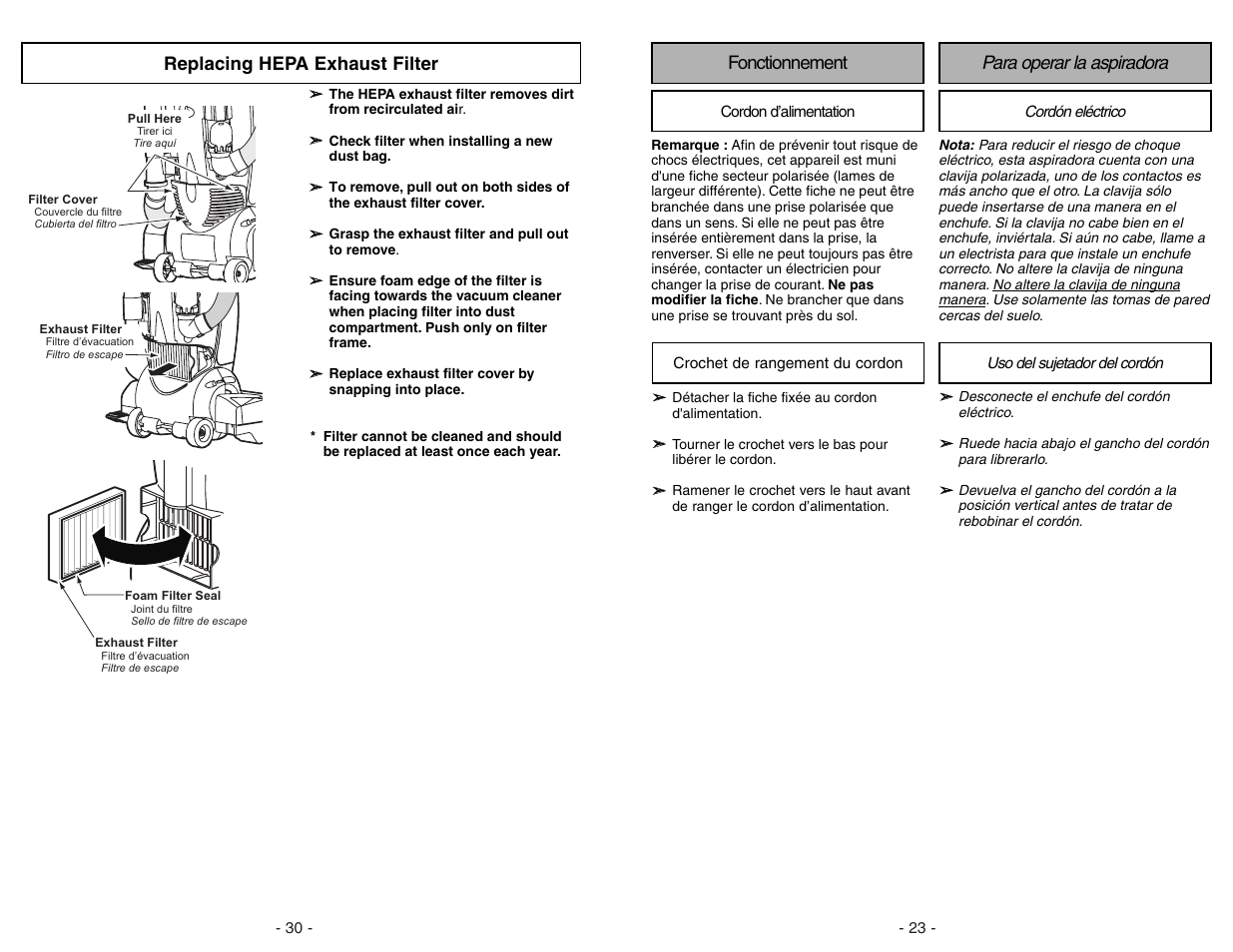 Replacing hepa exhaust filter, Fonctionnement para operar la aspiradora | Panasonic MC-V7522 User Manual | Page 30 / 52