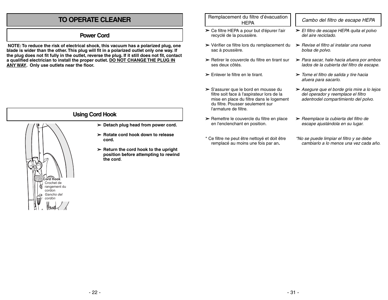 Remplacement du filtre d'evacuation hepa, Cambo del filtro de escape hepa, Power cord using cord hook | Panasonic MC-V7522 User Manual | Page 31 / 52