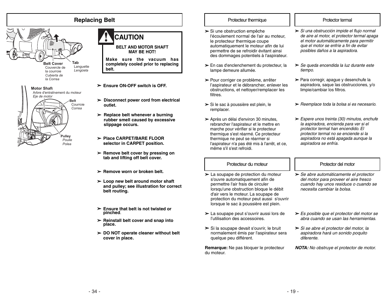 Replacing belt, Caution | Panasonic MC-V7522 User Manual | Page 34 / 52