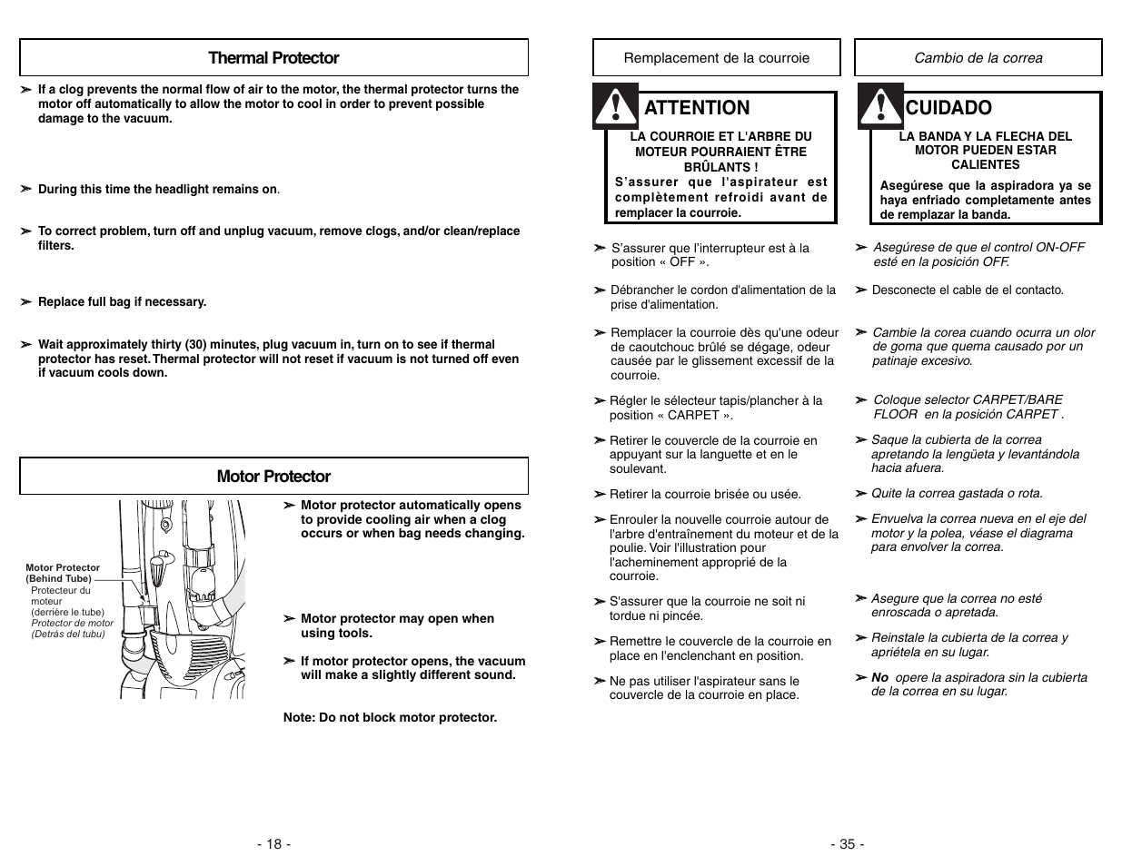 Remplacement de la courroie, Cambio de la correa, Attention | Cuidado | Panasonic MC-V7522 User Manual | Page 35 / 52