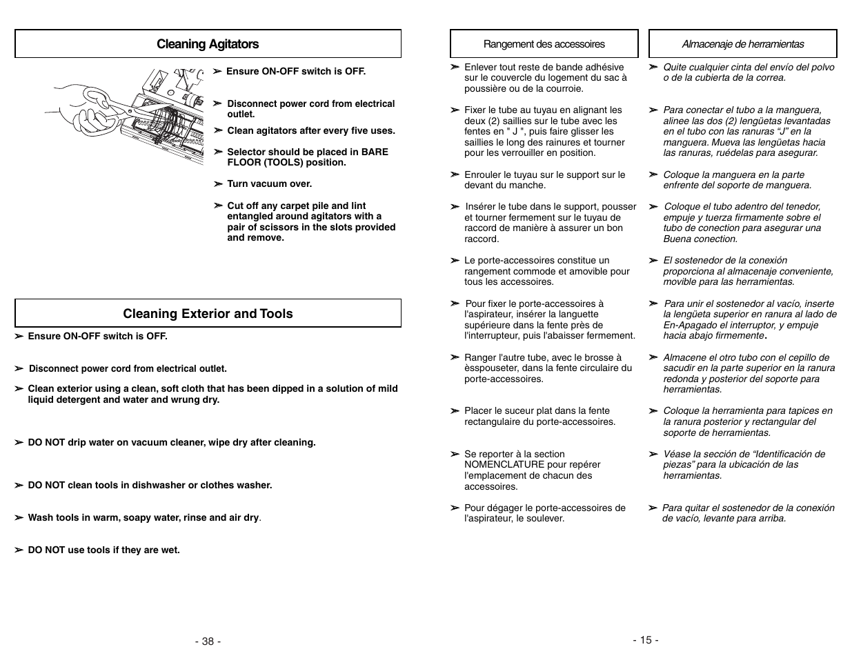 Cleaning agitators, Cleaning exterior and tools | Panasonic MC-V7522 User Manual | Page 38 / 52