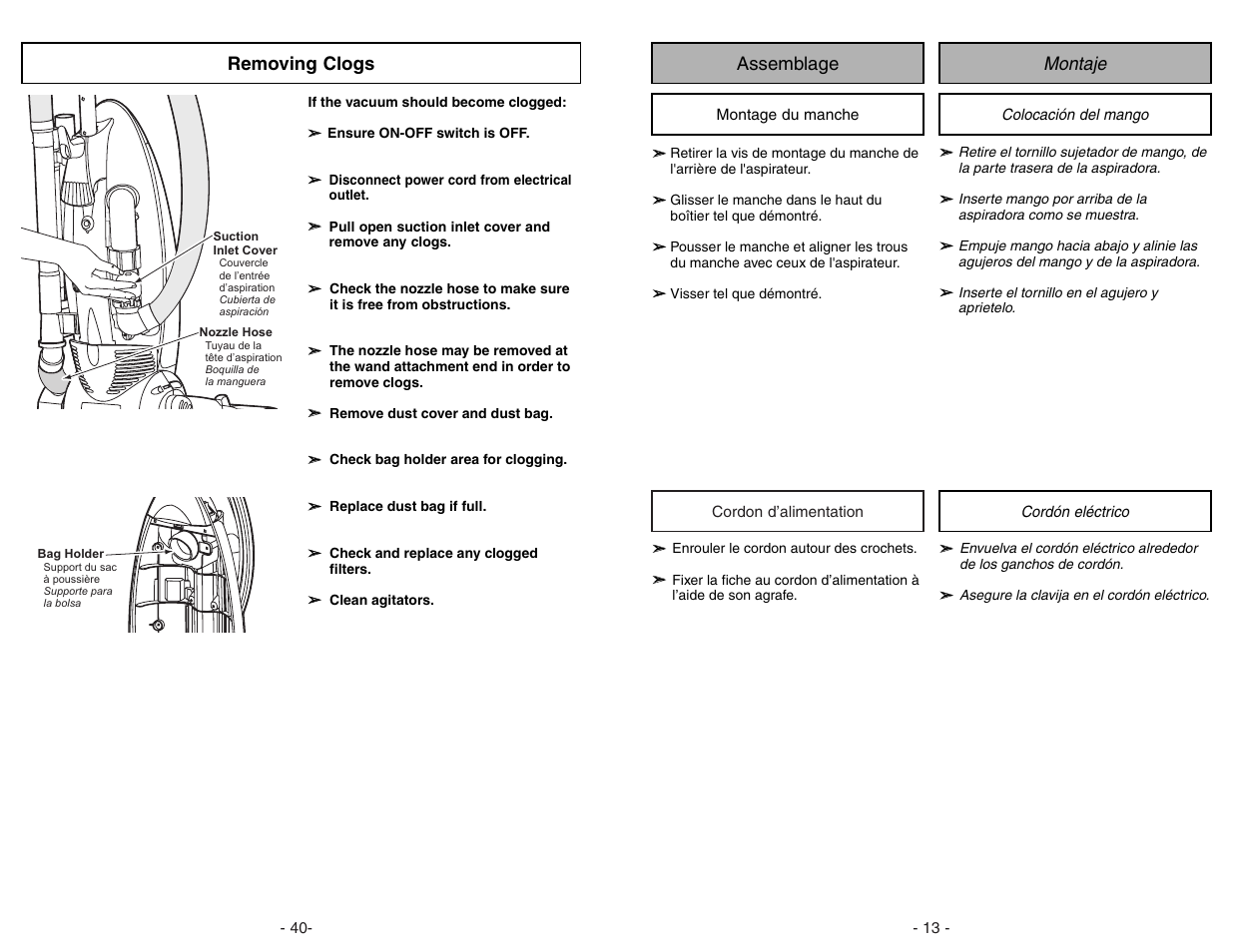 Removing clogs, Assemblage, Montaje | Panasonic MC-V7522 User Manual | Page 40 / 52