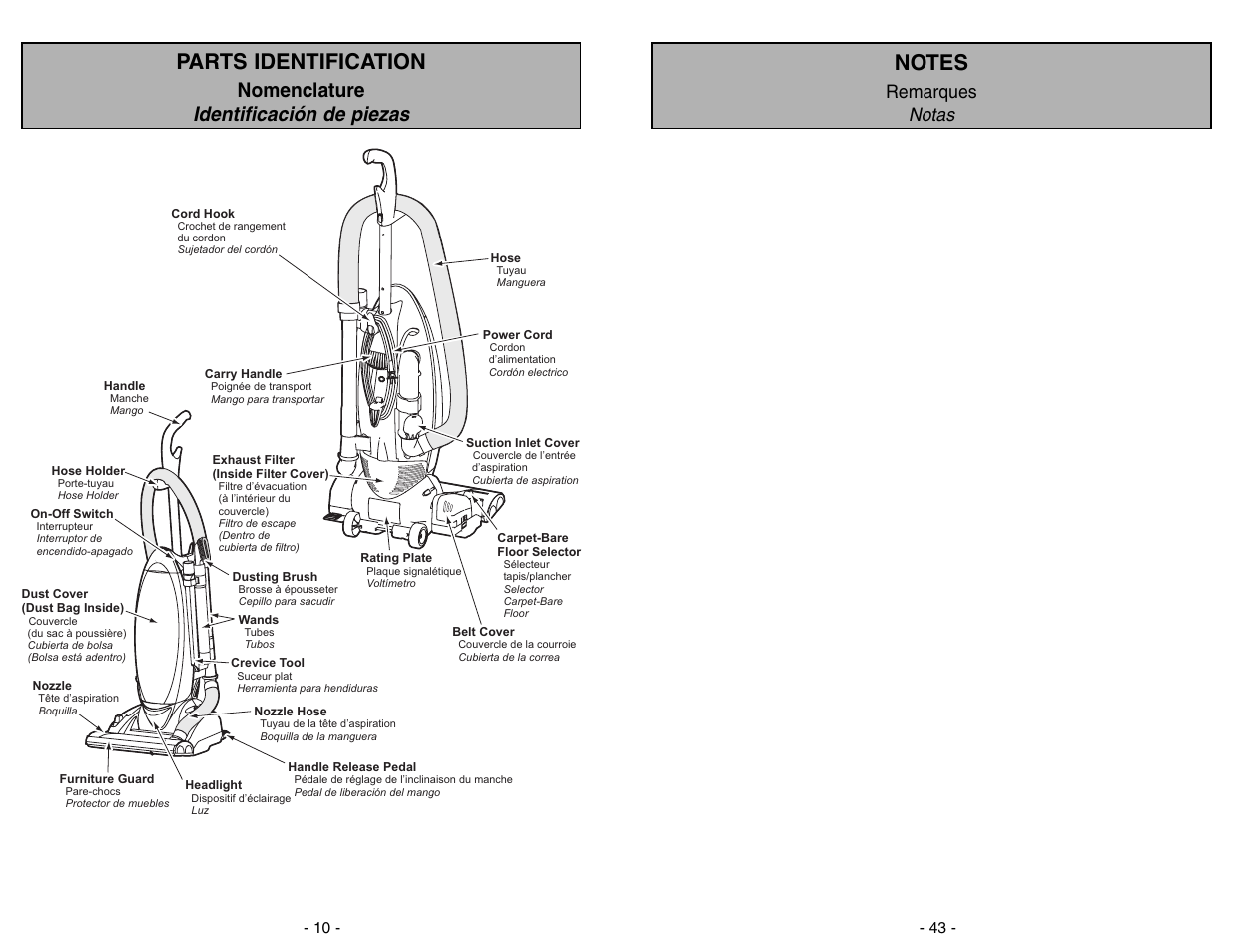 Parts identification, Nomenclature identificación de piezas, Remarques notas | Panasonic MC-V7522 User Manual | Page 43 / 52