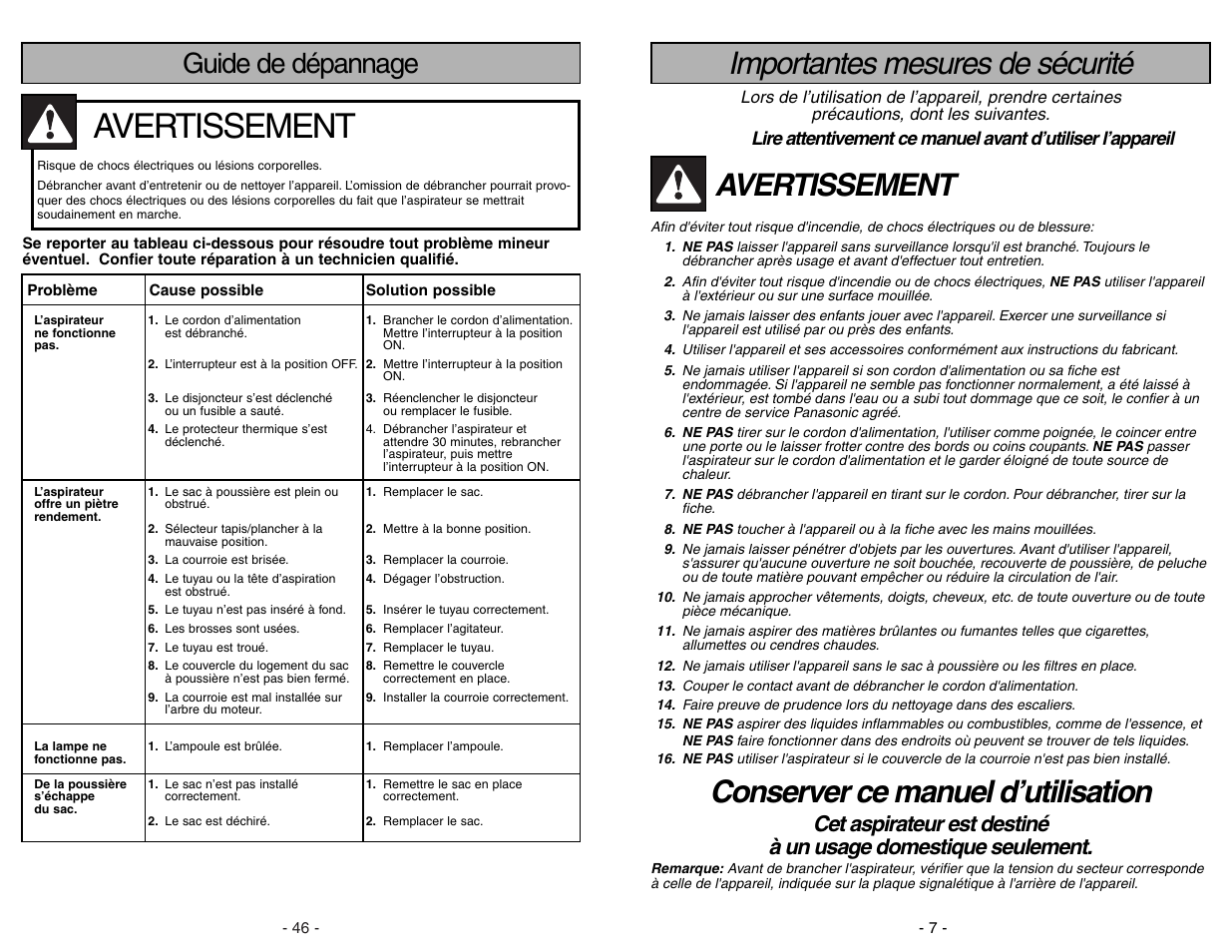 Guide de depannage, Importantes mesures de sécurité, Avertissement | Conserver ce manuel d’utilisation, Guide de dépannage | Panasonic MC-V7522 User Manual | Page 46 / 52