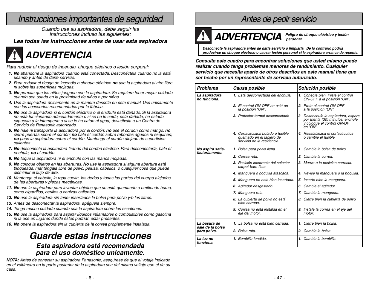 Antes de pedir servicio, Instrucciones importantes de seguridad, Advertencia | Guarde estas instrucciones | Panasonic MC-V7522 User Manual | Page 47 / 52