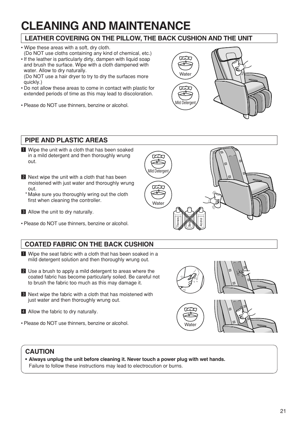 Cleaning and maintenance, Pipe and plastic areas, Coated fabric on the back cushion caution | Panasonic EP1273 User Manual | Page 23 / 27