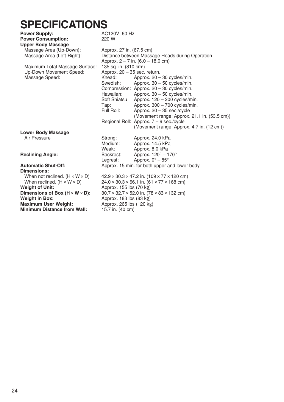 Specifications | Panasonic EP1273 User Manual | Page 26 / 27