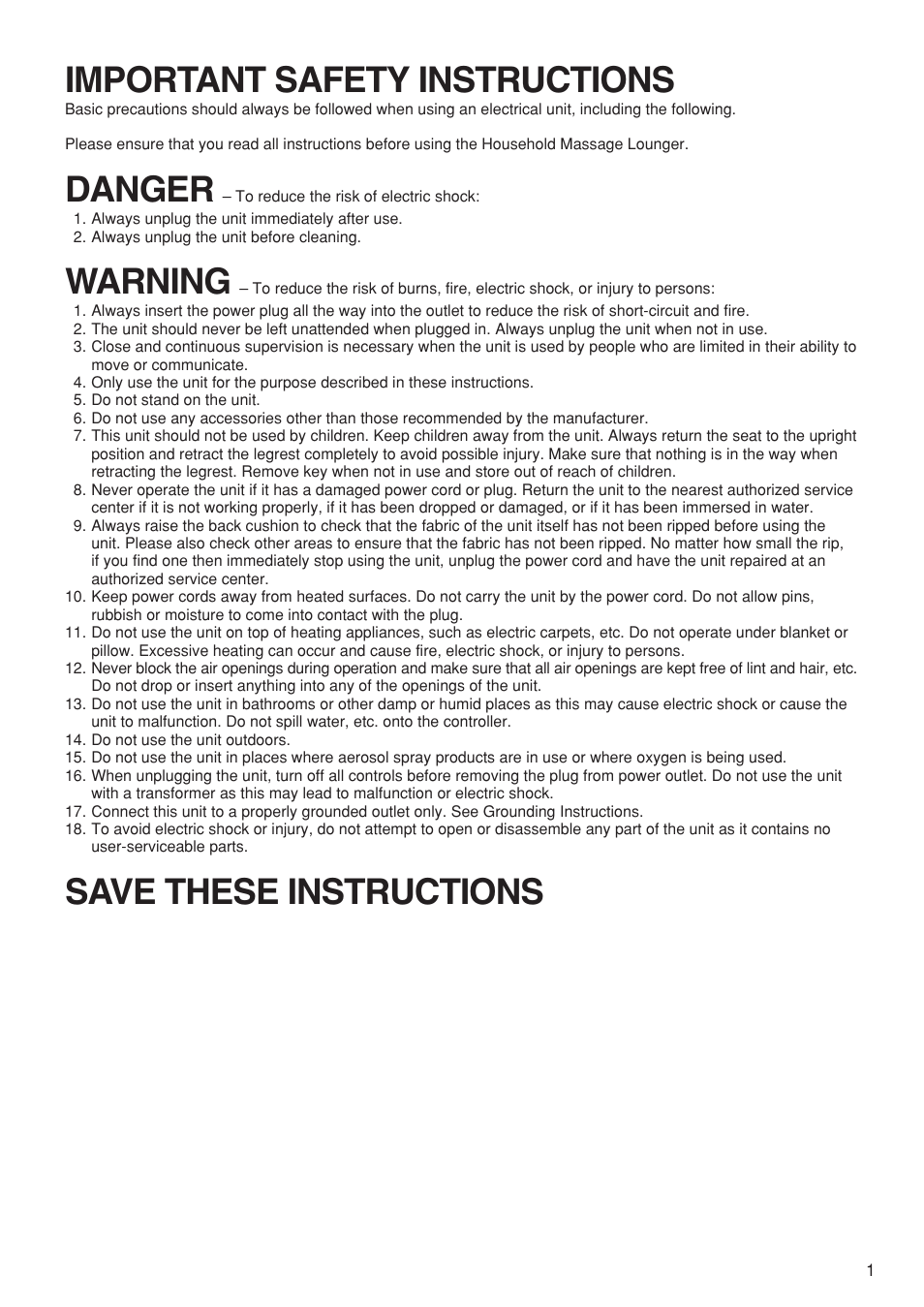 Important safety instructions, Danger, Warning | Save these instructions | Panasonic EP1273 User Manual | Page 3 / 27
