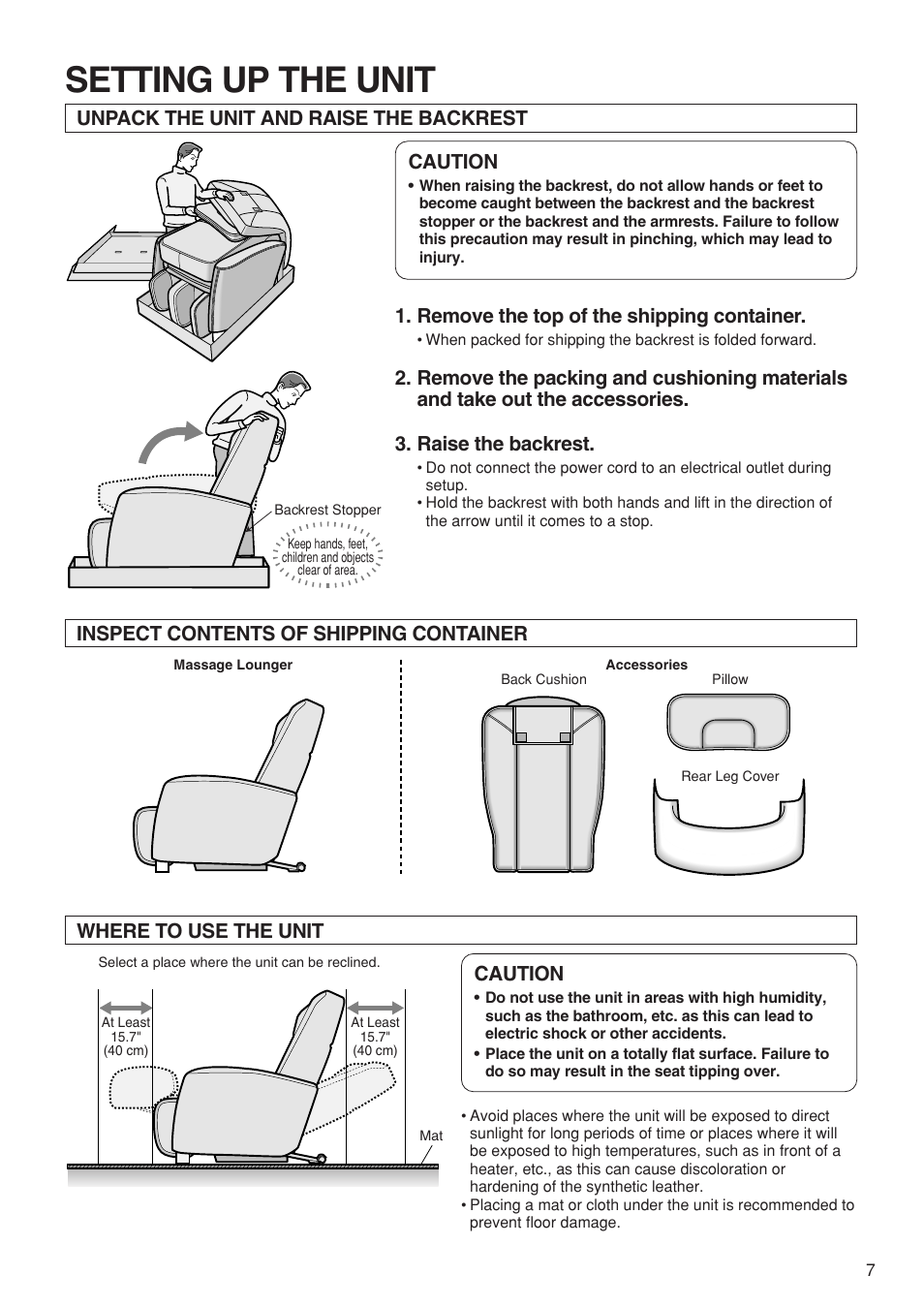 Setting up the unit, Caution, Unpack the unit and raise the backrest | Remove the top of the shipping container | Panasonic EP1273 User Manual | Page 9 / 27