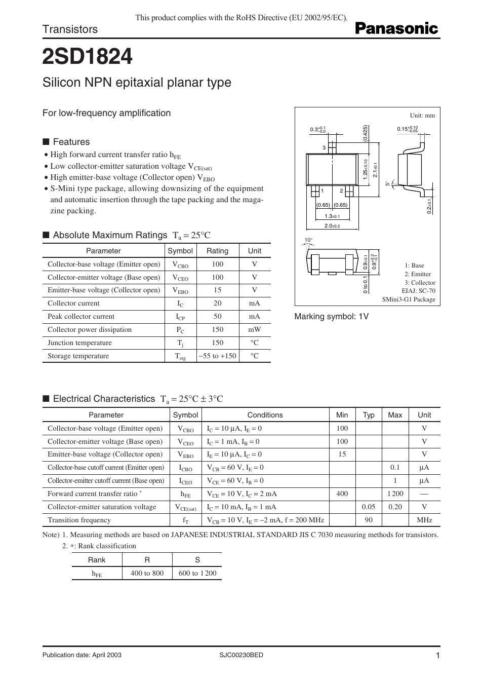 Panasonic 2SD1824 User Manual | 3 pages