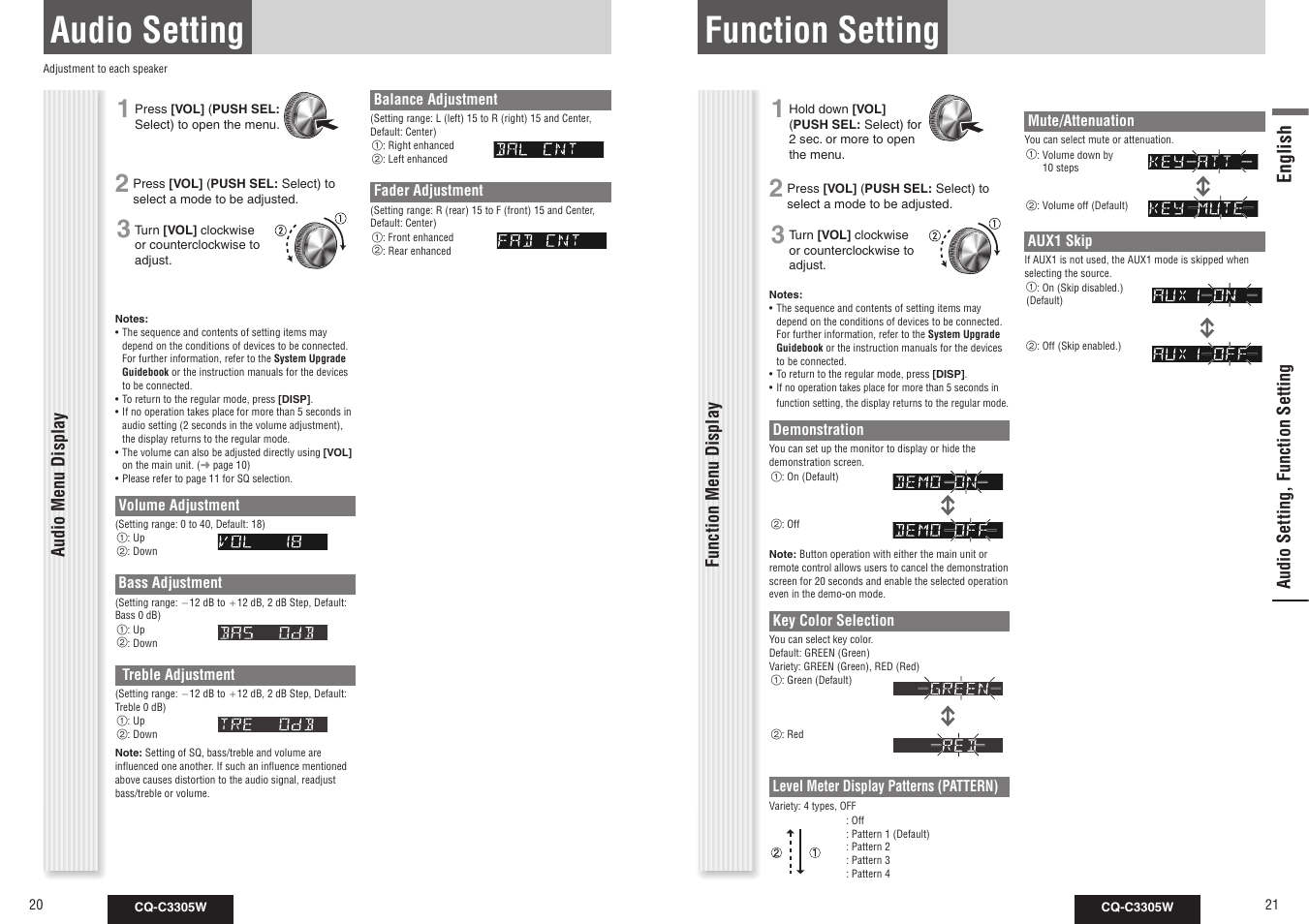 Function setting, Audio setting, English | Panasonic CQ-C3305W User Manual | Page 11 / 29