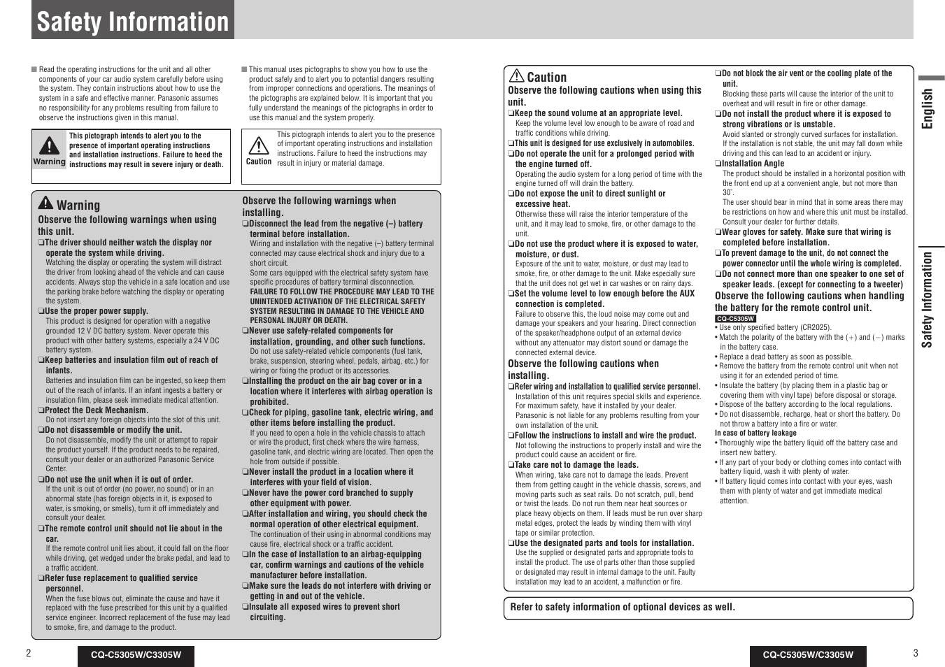 Safety information, English, Warning | Caution | Panasonic CQ-C3305W User Manual | Page 18 / 29