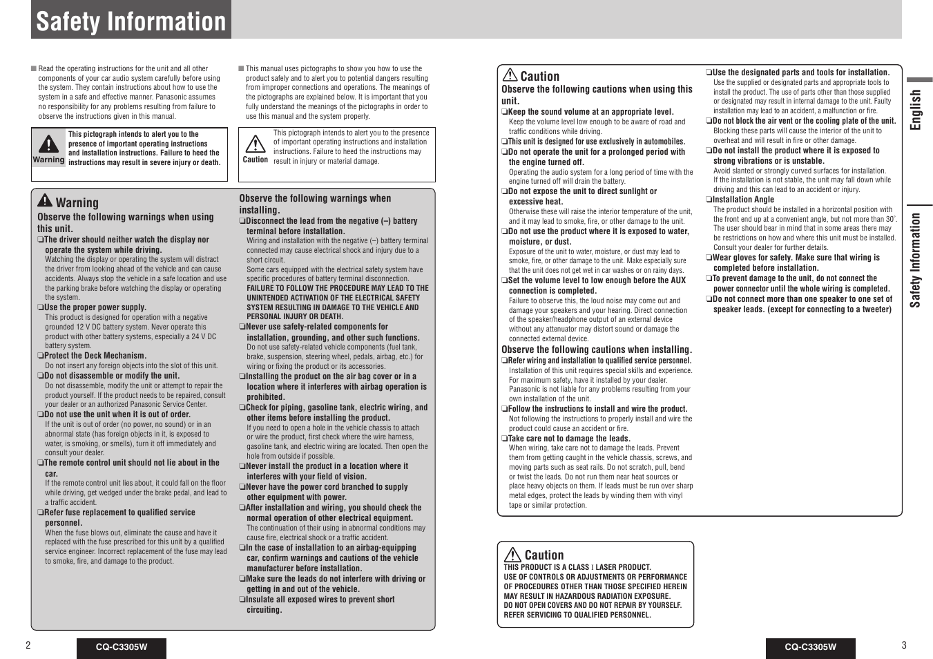 Safety information, English, Warning | Caution, Safety information caution | Panasonic CQ-C3305W User Manual | Page 2 / 29