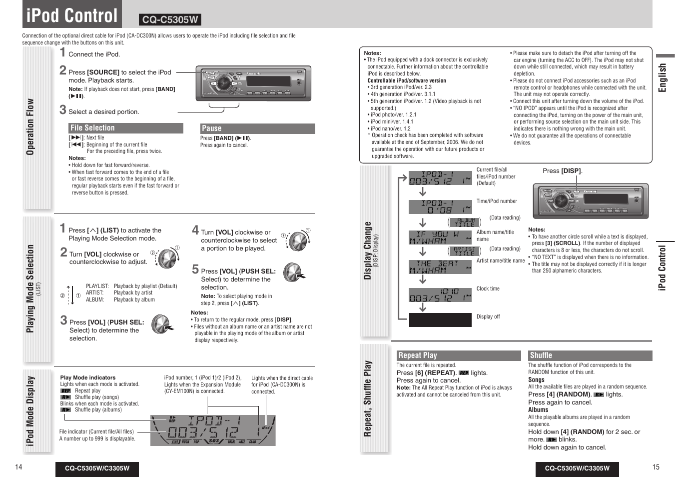 Ipod control, Cq-c5305w, English | Panasonic CQ-C3305W User Manual | Page 24 / 29