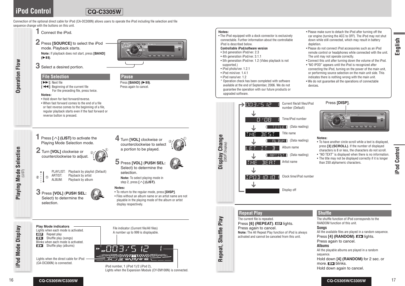 Ipod control, Cq-c3305w, English | Panasonic CQ-C3305W User Manual | Page 25 / 29
